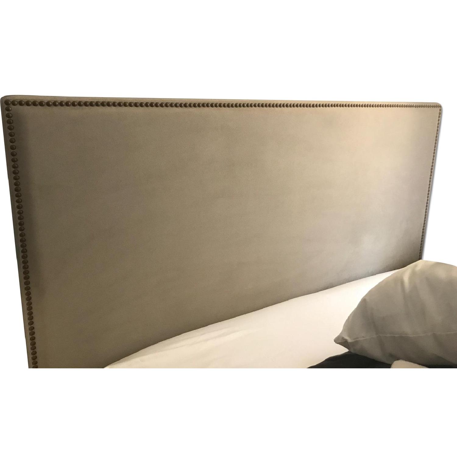 West Elm Queen Bed Frame w/ Tall Nailhead Upholstered Headboard AptDeco