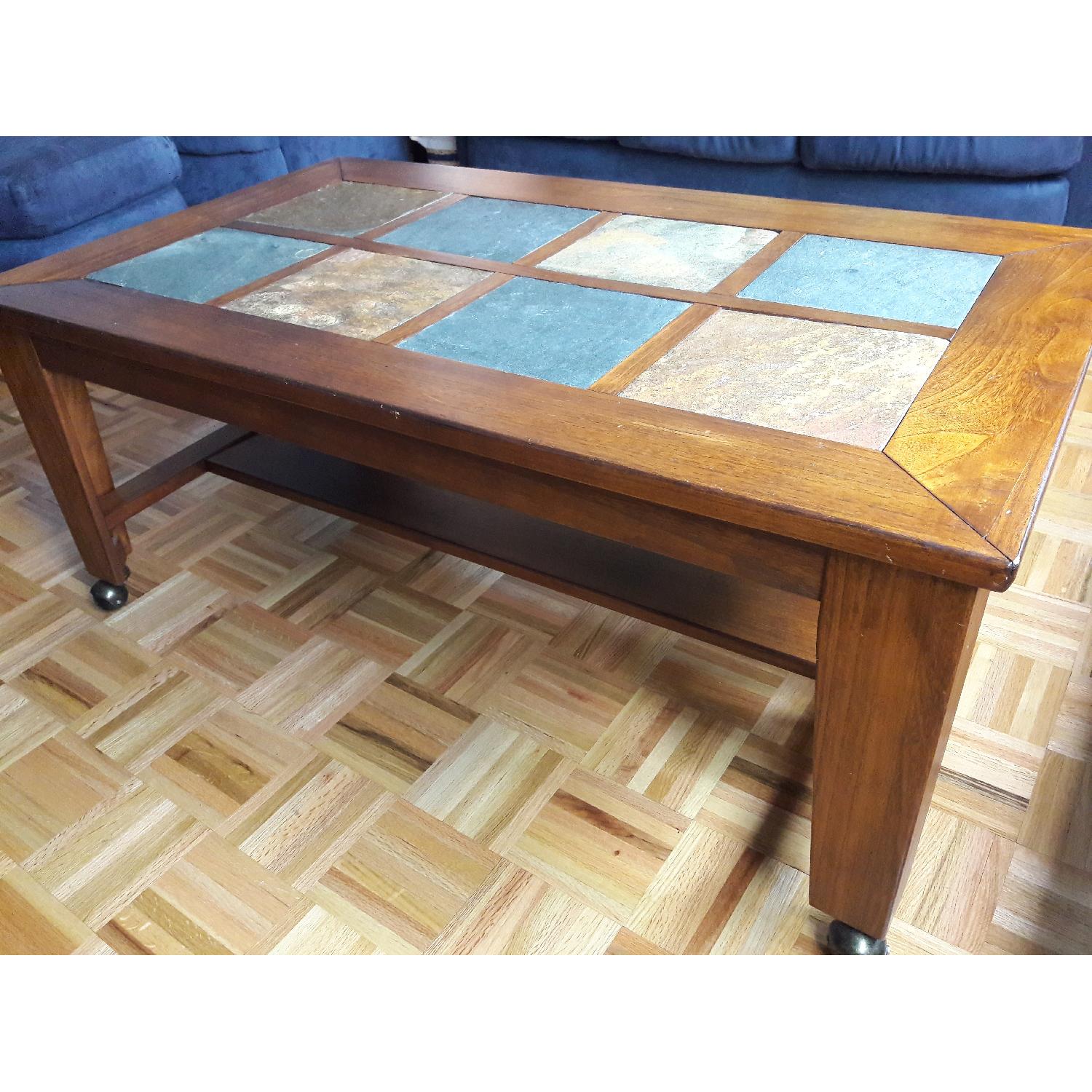Ashley's Wood Coffee Table w/ Slate Tops - image-5