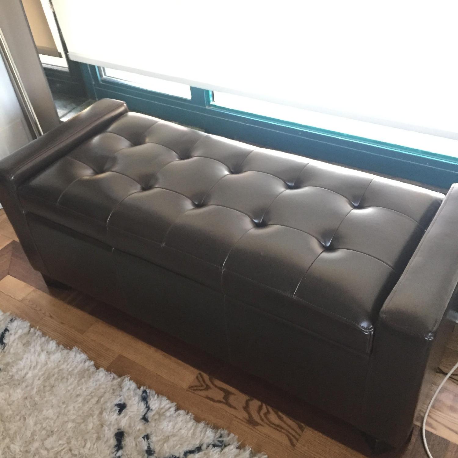 Dark Brown Tufted Leather Storage Bench - image-1