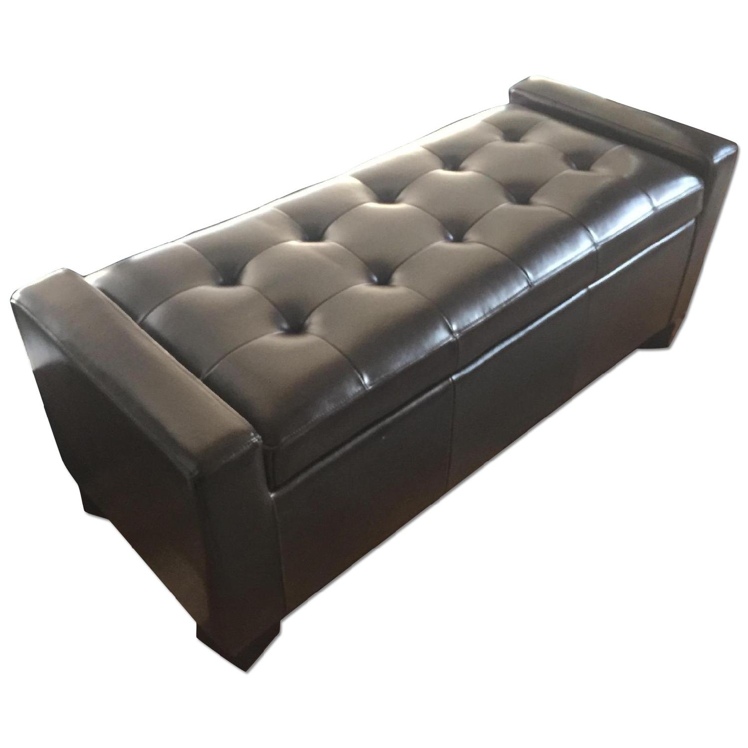Dark Brown Tufted Leather Storage Bench - image-0