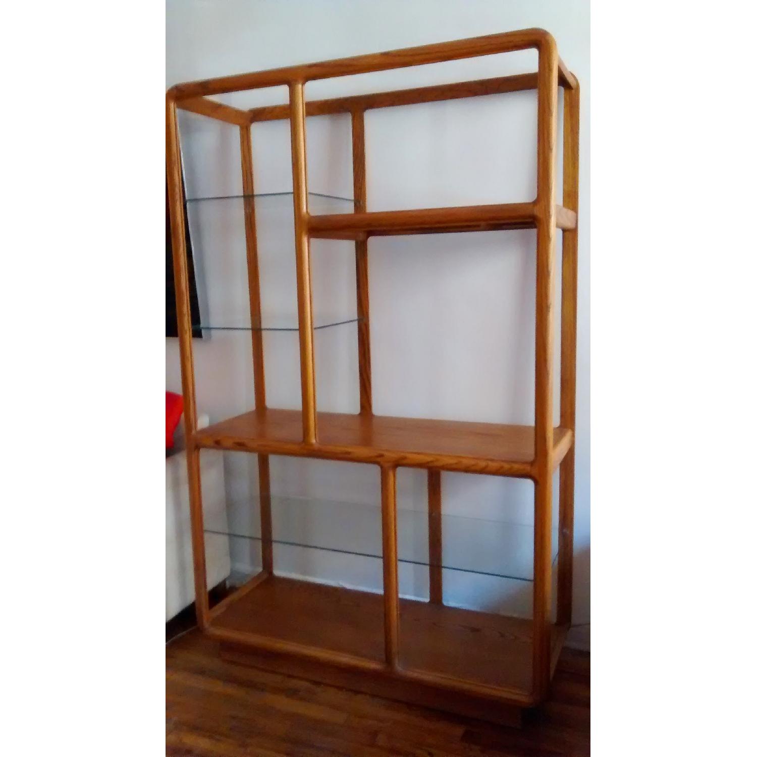 Vintage 1970s Solid Oak Shelving Unit w/ Glass Shelves - image-1