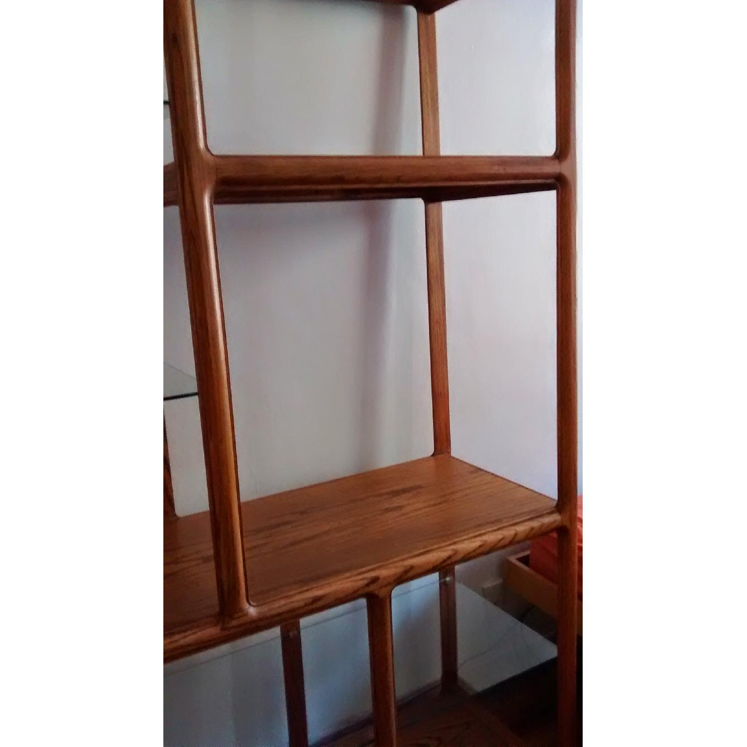 Vintage 1970s Solid Oak Shelving Unit w/ Glass Shelves - image-2