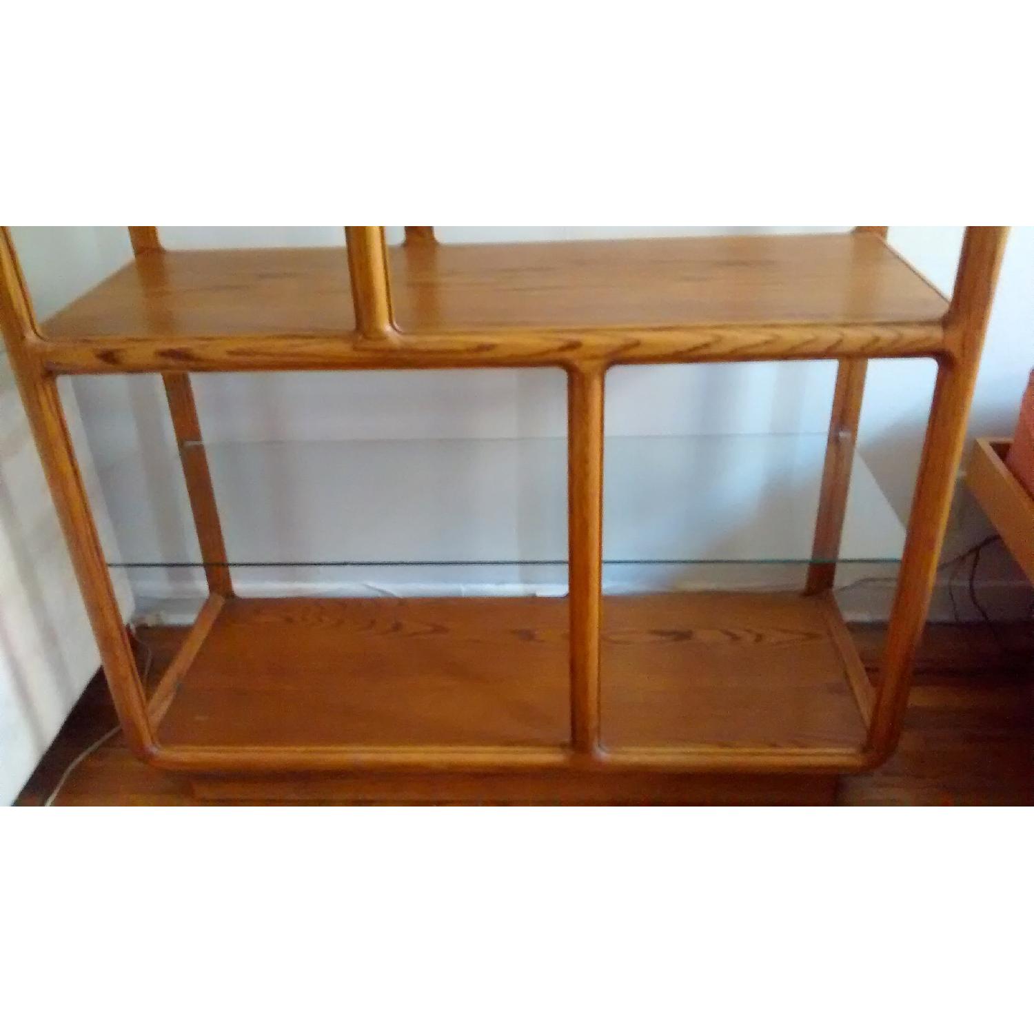Vintage 1970s Solid Oak Shelving Unit w/ Glass Shelves - image-4