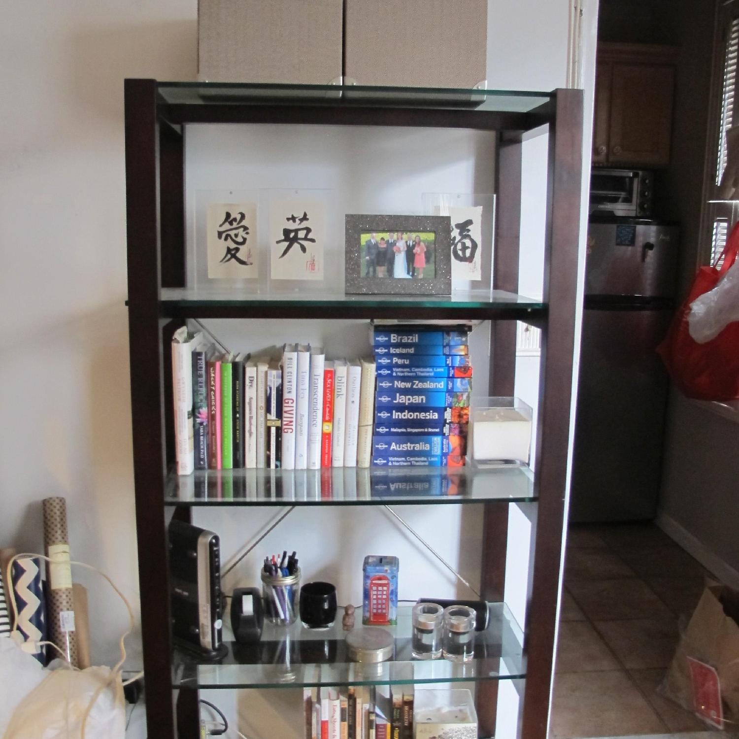 Crate & Barrel Brown Bookcase w/ Glass Shelves - image-1