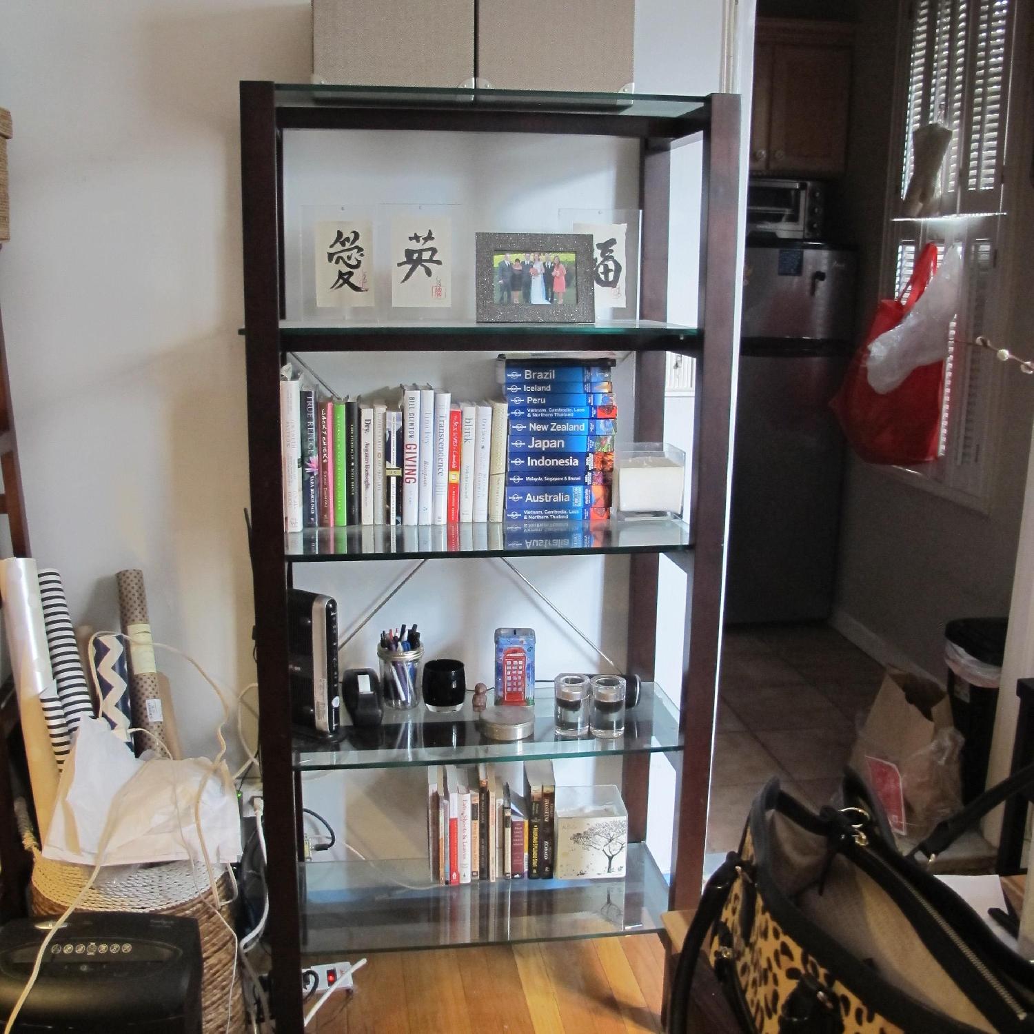 Crate & Barrel Brown Bookcase w/ Glass Shelves - image-2