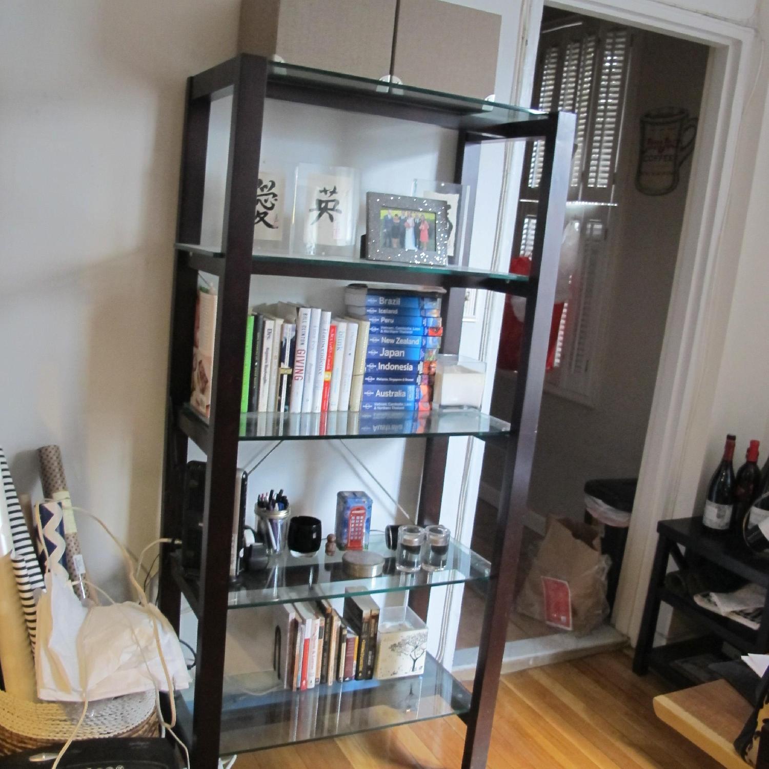 Crate & Barrel Brown Bookcase w/ Glass Shelves - image-3