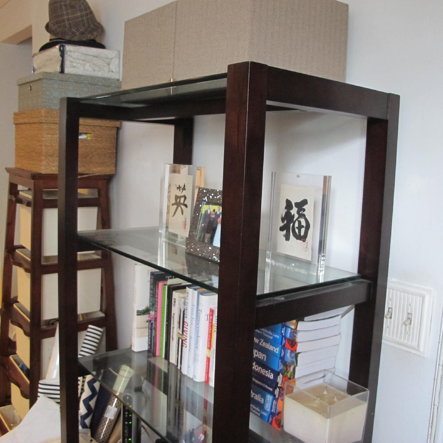 Crate & Barrel Brown Bookcase w/ Glass Shelves - image-5