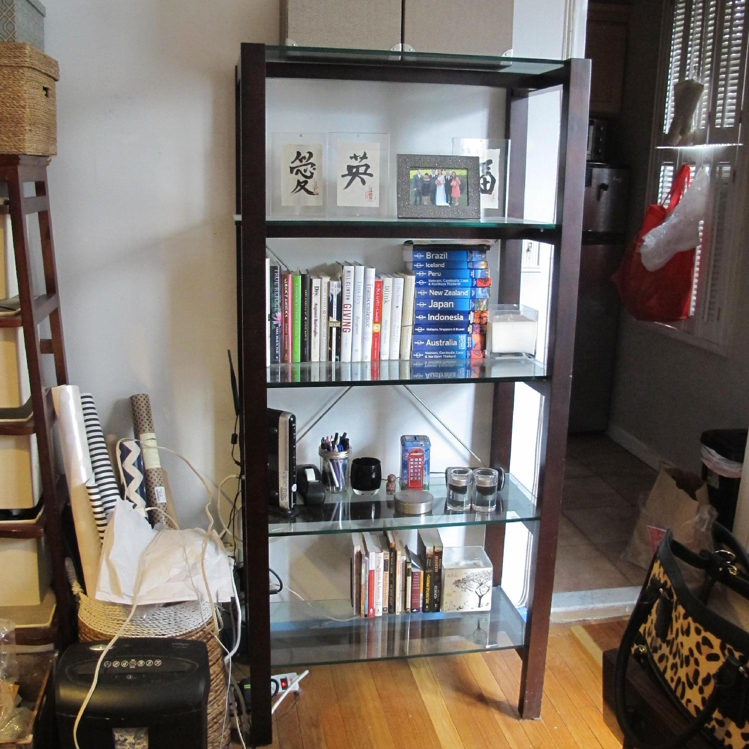 Crate & Barrel Brown Bookcase w/ Glass Shelves - image-6