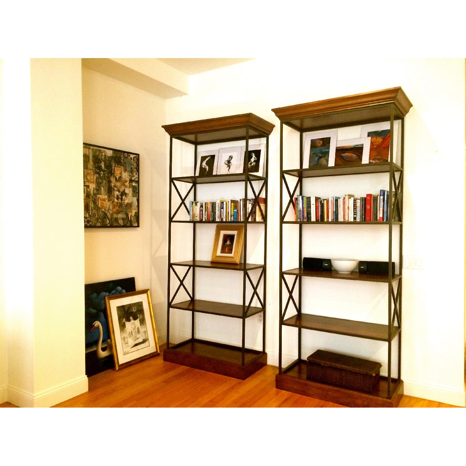 Custom Made Wrought Iron & Cherry Wood Shelves Pair AptDeco