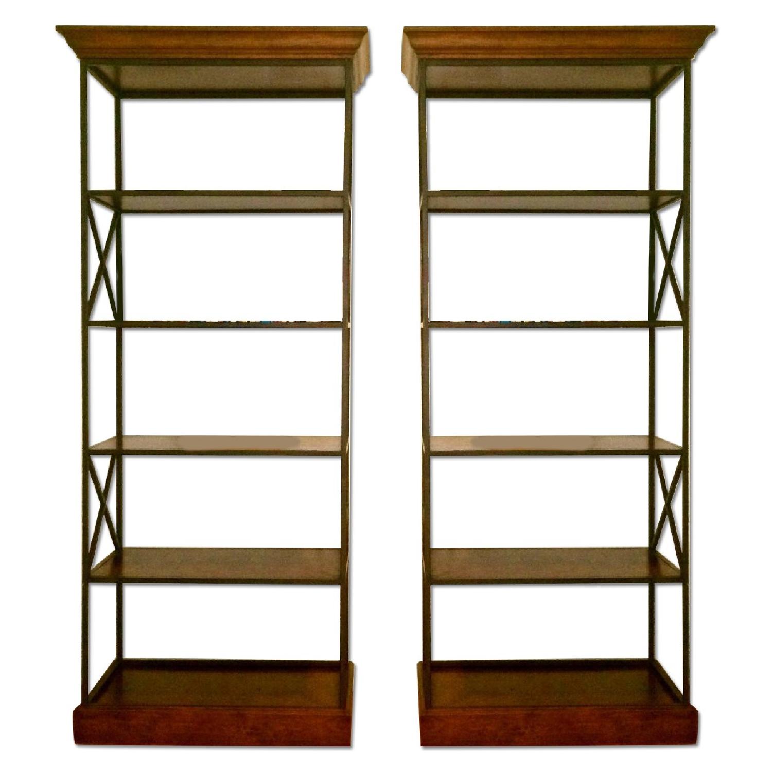Custom Made Wrought Iron & Cherry Wood Shelves Pair AptDeco