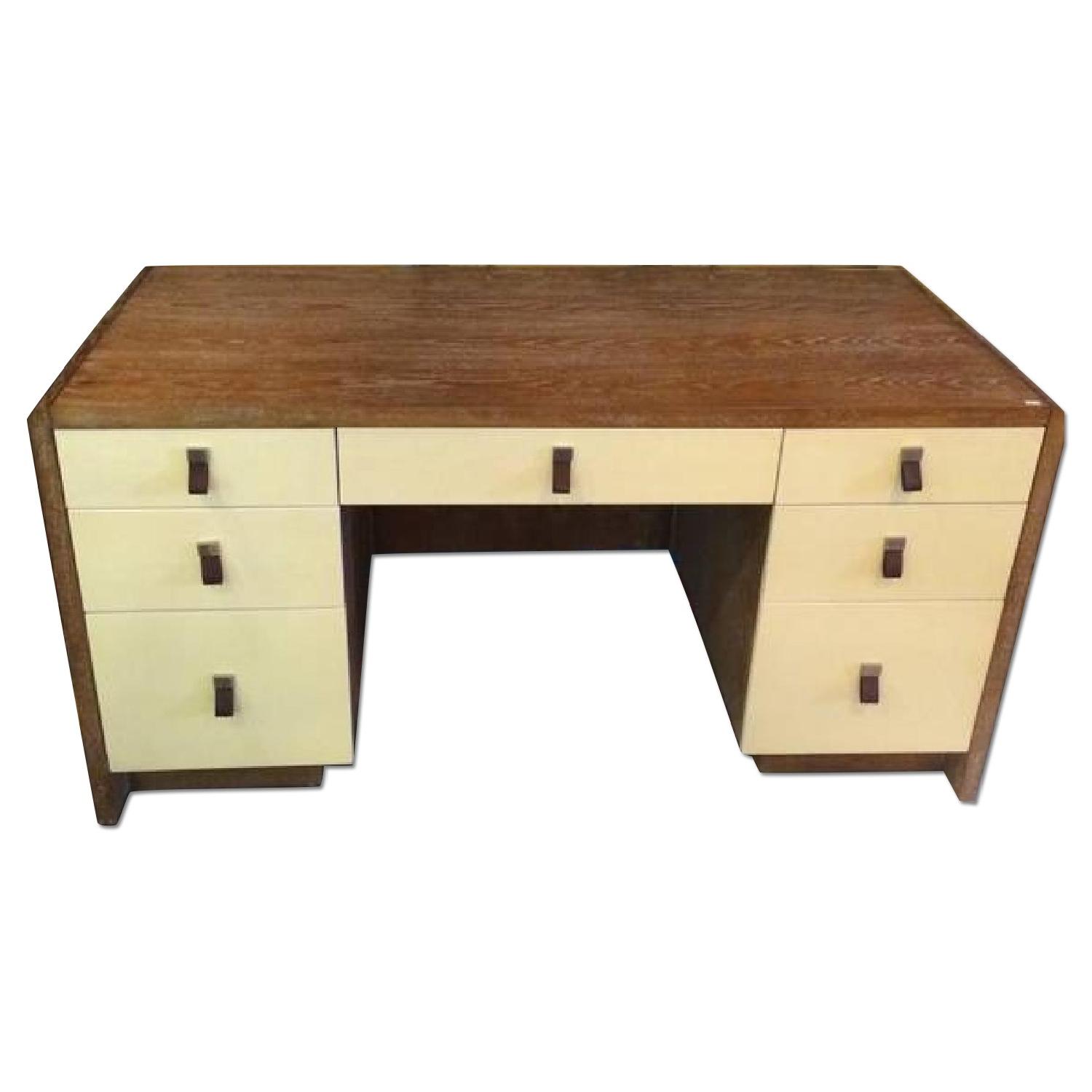 Large Modern Wood Desk with Leather Drawer Pulls AptDeco