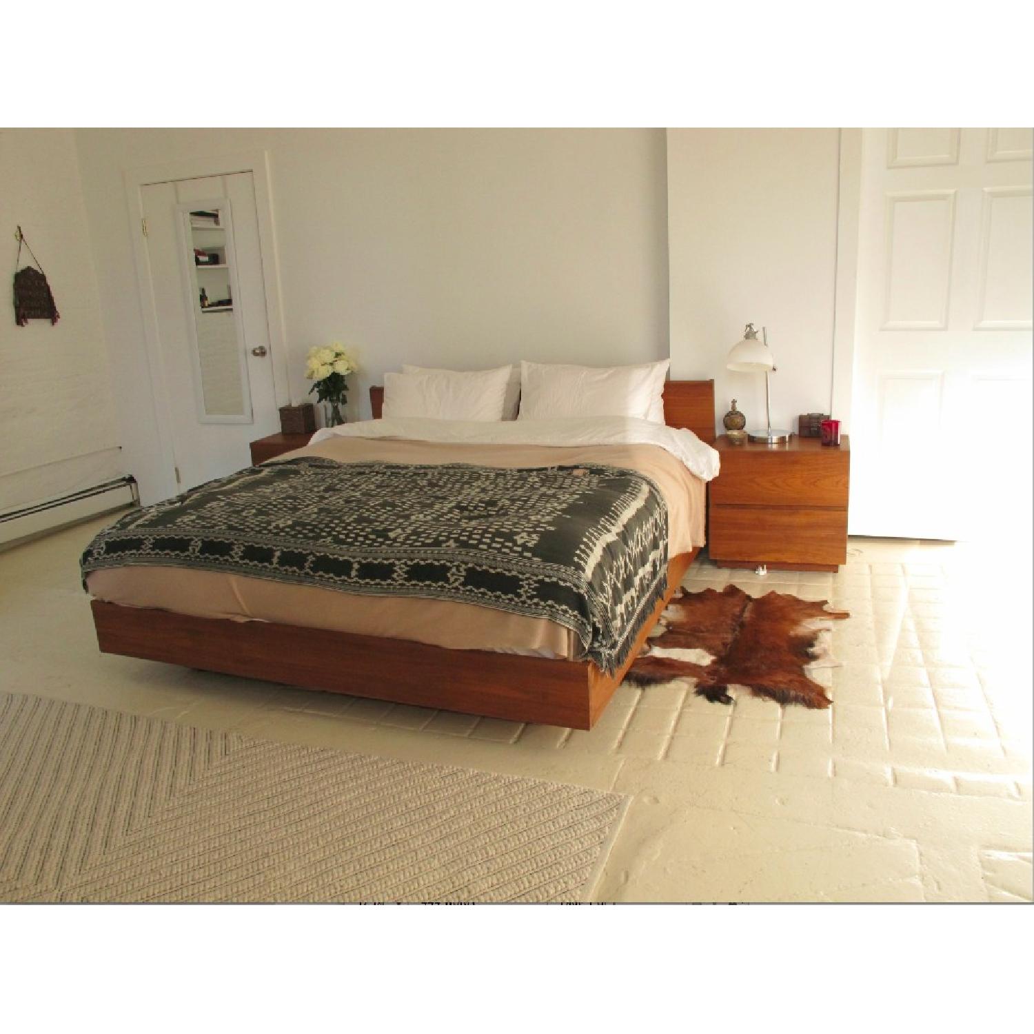 Teak Queen Sized Bedframe & Mattress w/ 2 Matching Side Tables