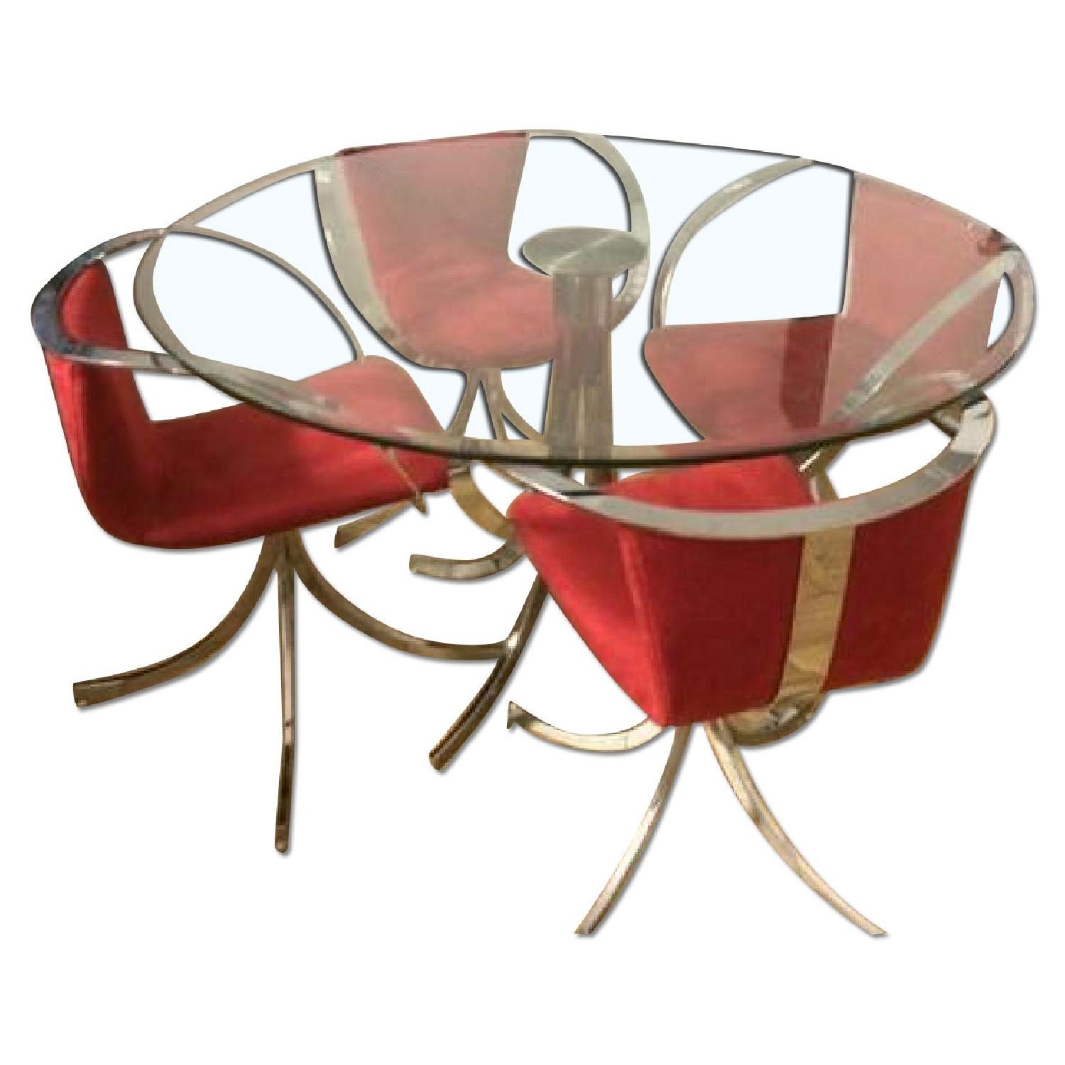 Designer Glass & Chrome Tulip Dining Table With 4 Red Chairs