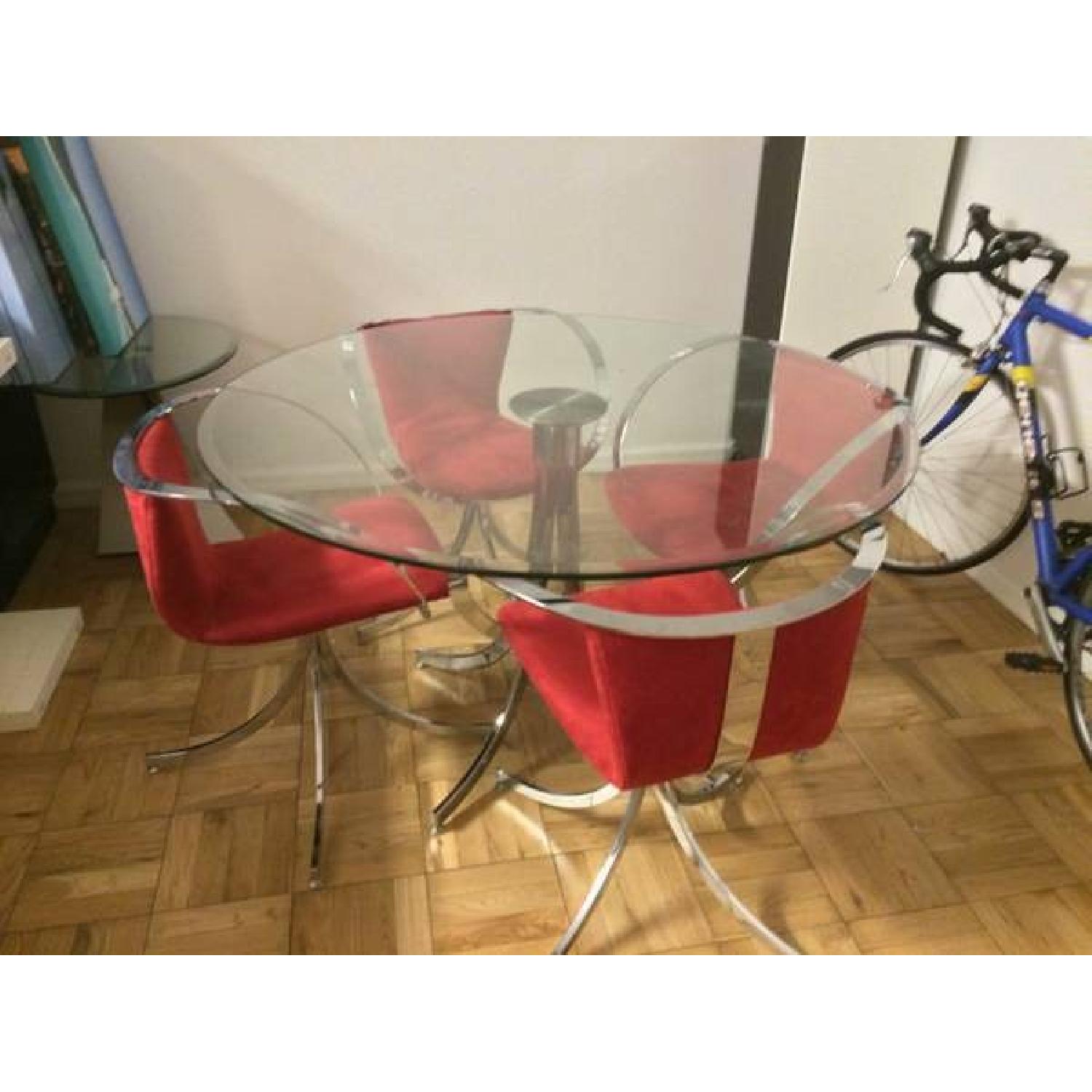 Designer Glass & Chrome Tulip Dining Table with 4 Red Chairs - image-1