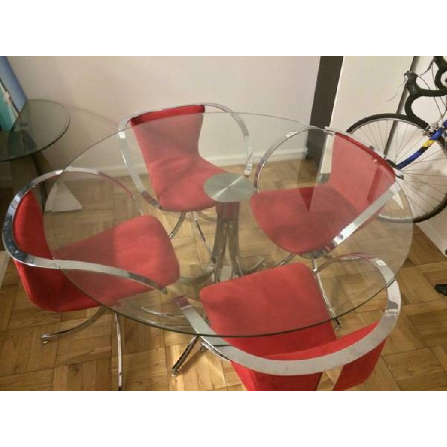 Designer Glass & Chrome Tulip Dining Table with 4 Red Chairs - image-3