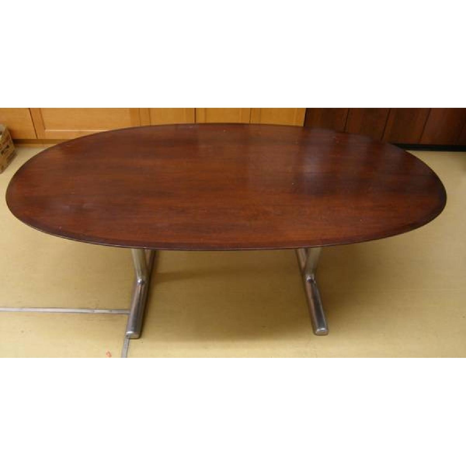 Mid Century Mahagony Veneer Oval W/ Metal Trestle - image-1