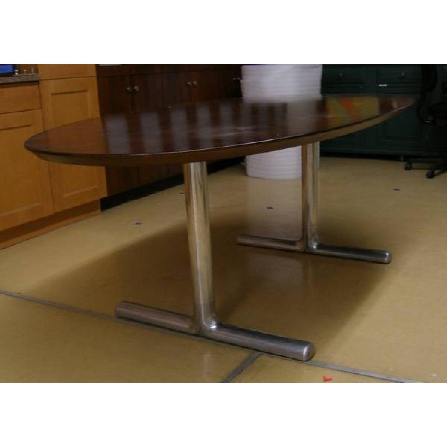 Mid Century Mahagony Veneer Oval W/ Metal Trestle - image-2