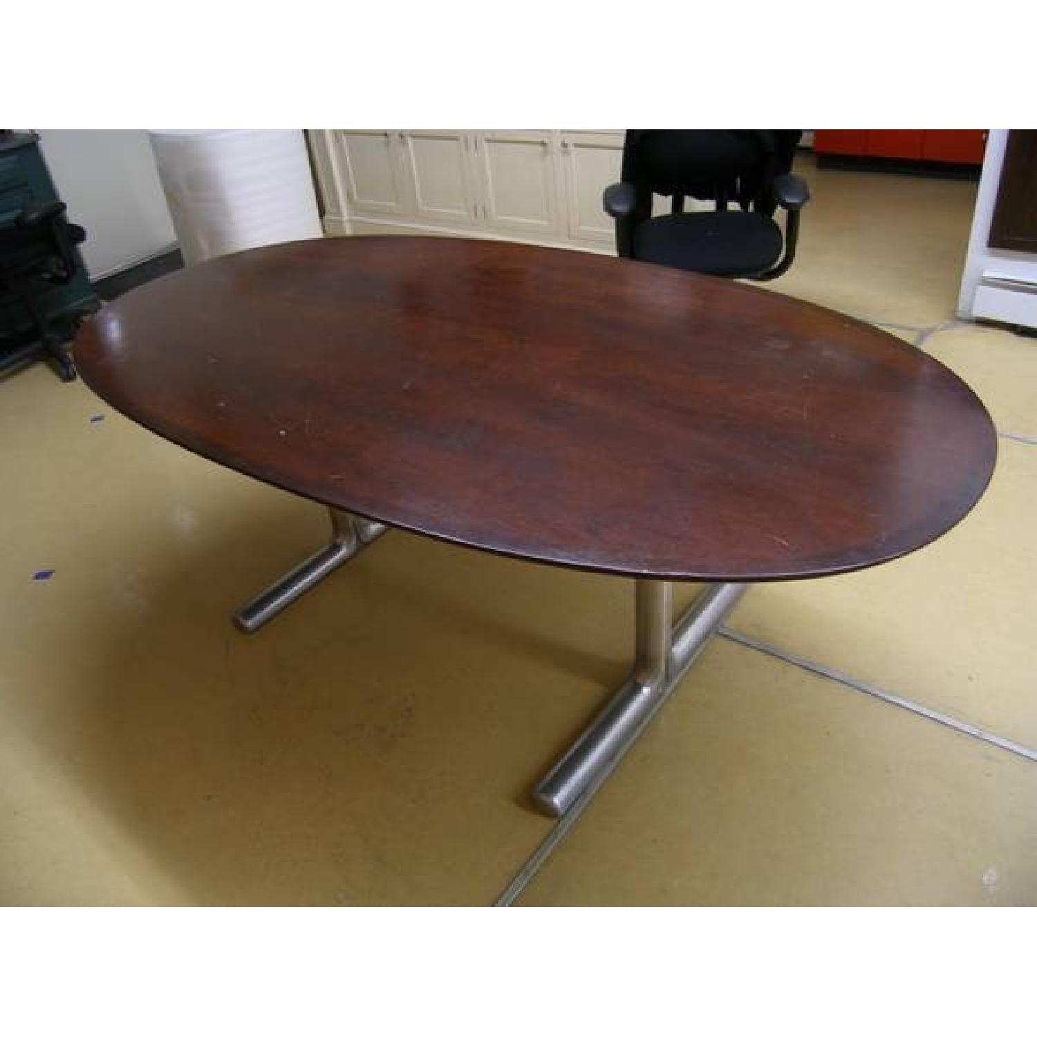 Mid Century Mahagony Veneer Oval W/ Metal Trestle - image-3