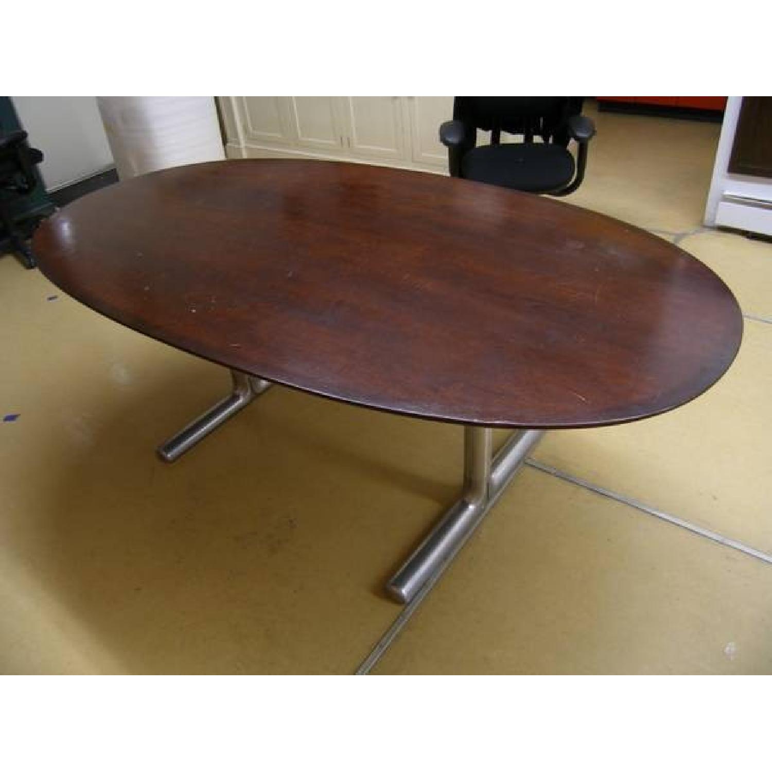 Mid Century Mahagony Veneer Oval W/ Metal Trestle - image-4