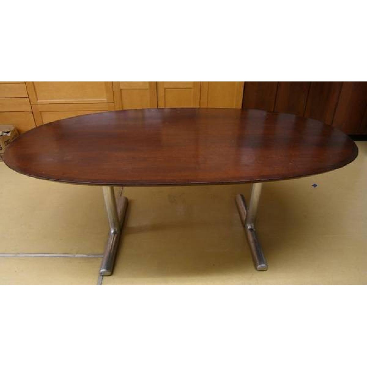 Mid Century Mahagony Veneer Oval W/ Metal Trestle - image-5