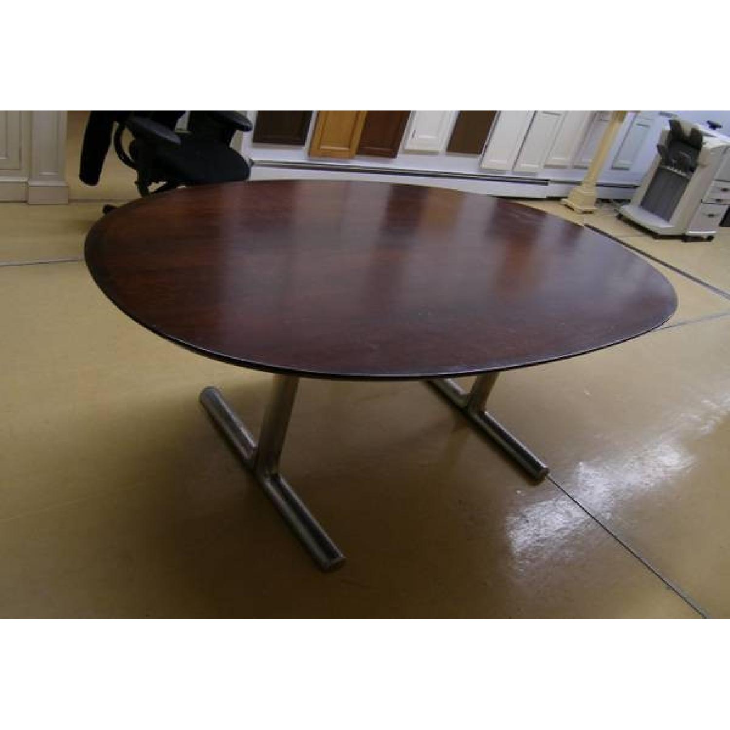 Mid Century Mahagony Veneer Oval W/ Metal Trestle - image-6