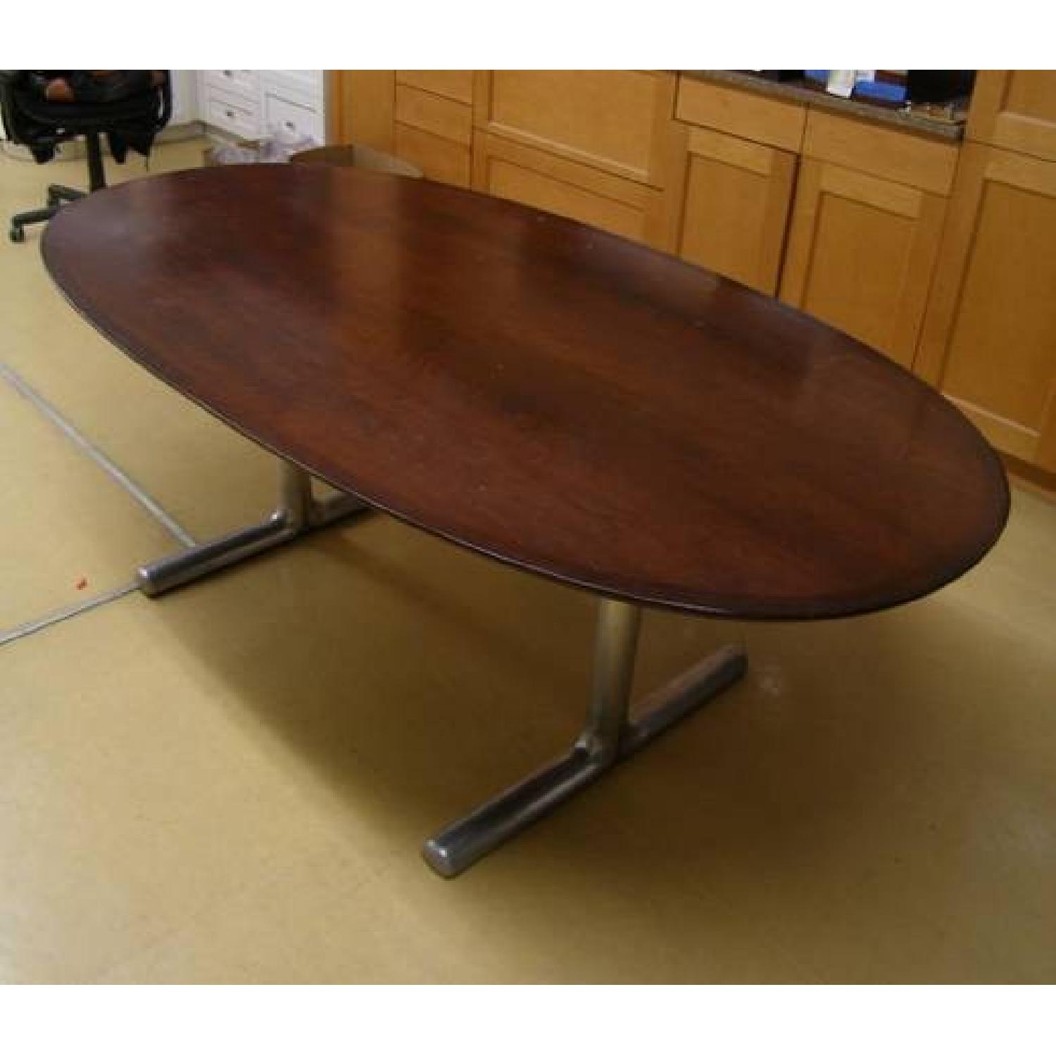 Mid Century Mahagony Veneer Oval W/ Metal Trestle - image-8