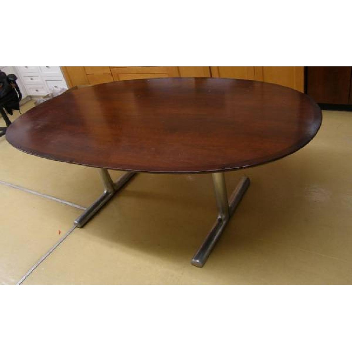 Mid Century Mahagony Veneer Oval W/ Metal Trestle - image-9