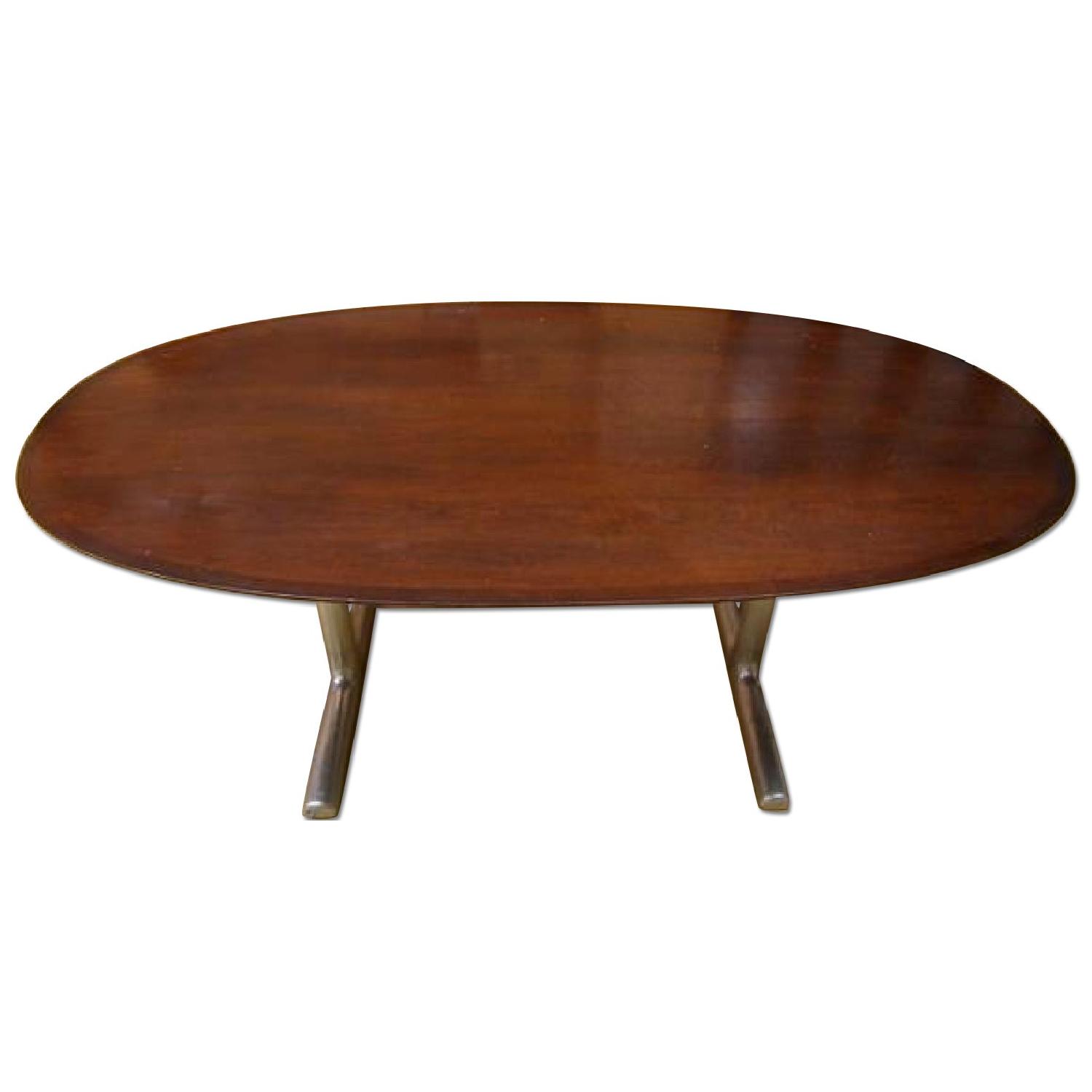 Mid Century Mahagony Veneer Oval Table W/ Metal Trestle