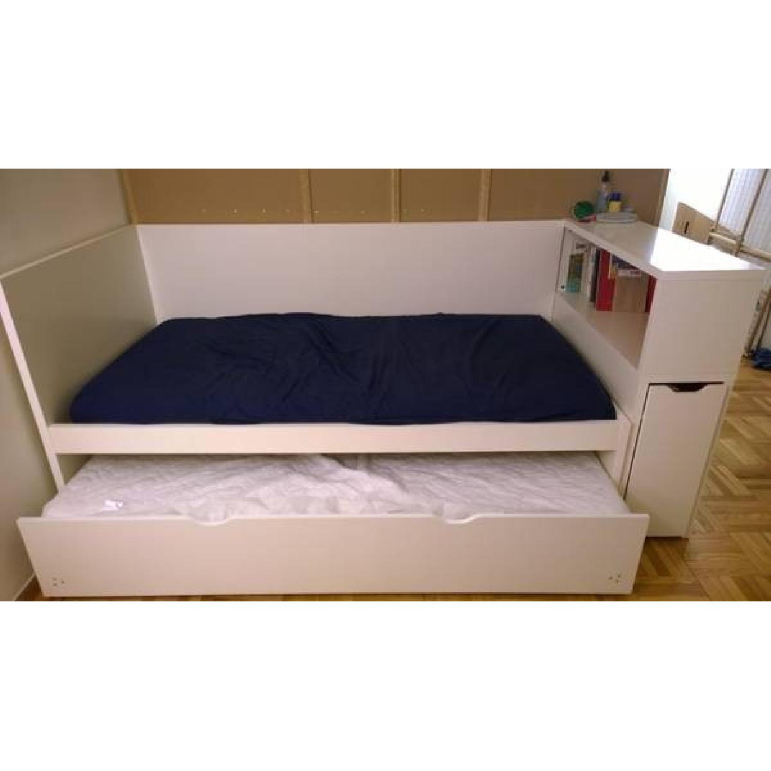 Twin-Sized Trundle Bed + Headboard W/ Storage Compartment