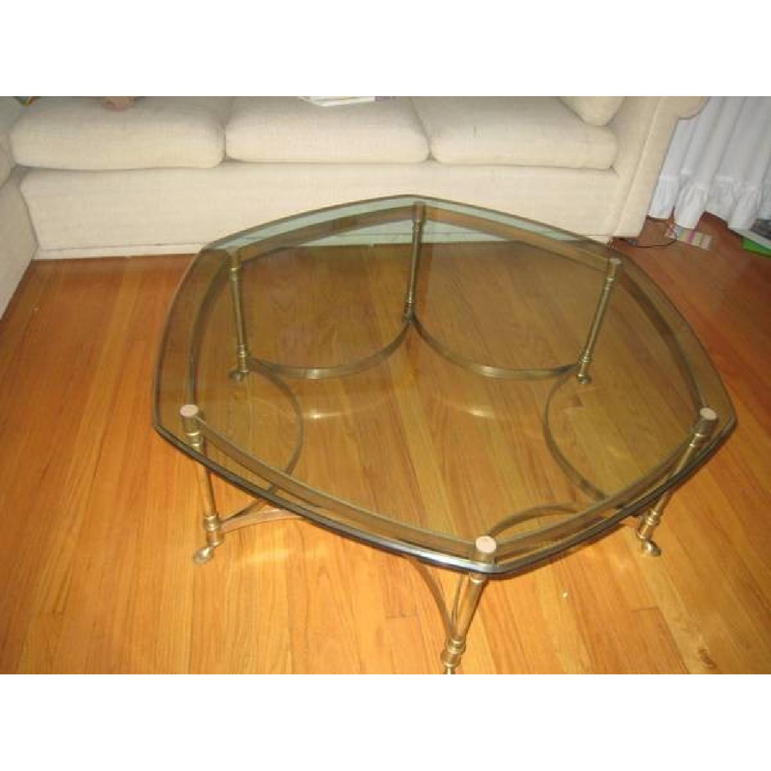 Vintage La Barge Brass & Glass Coffee Cocktail Table With Ram Feet