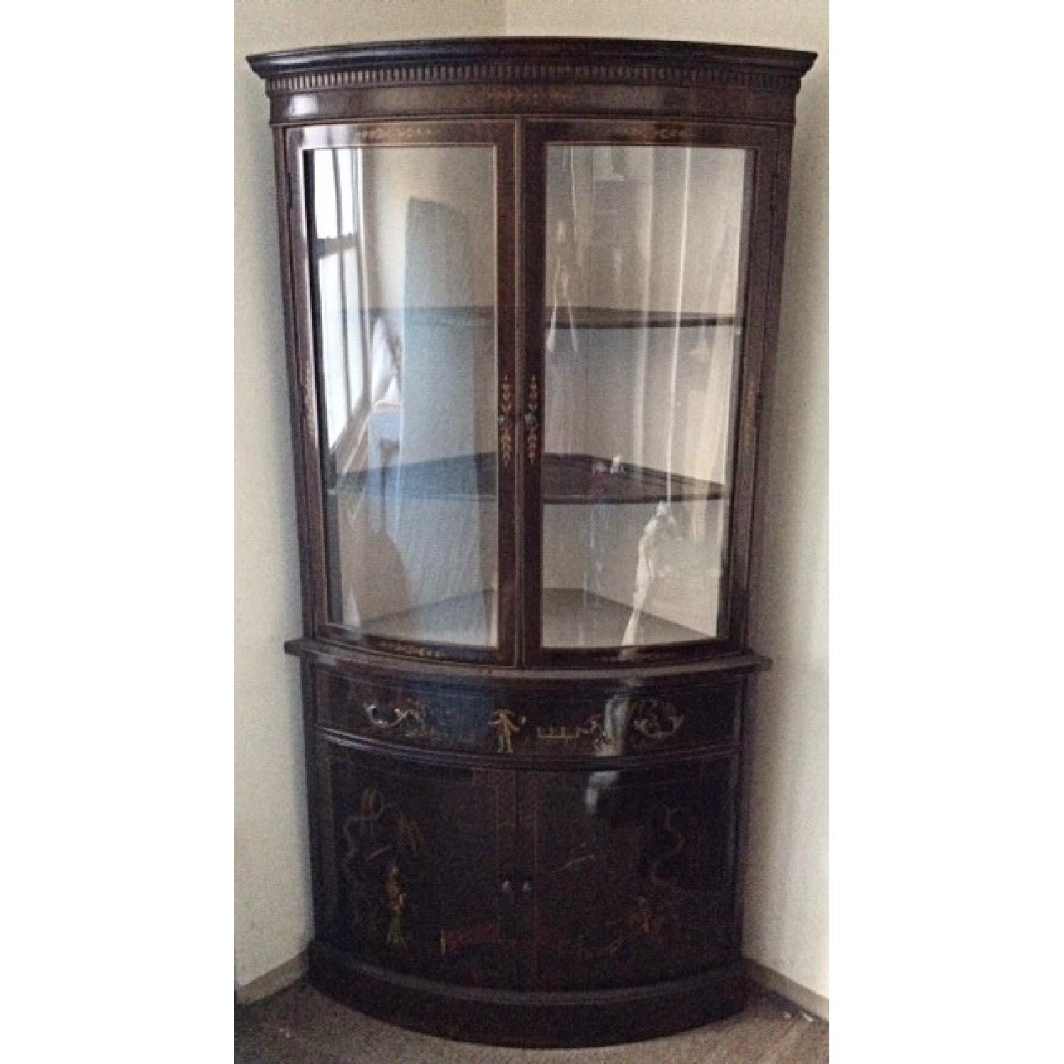 Antique Corner China Cabinet Curio Hutch Hand Painted Asian Inspired - image-1