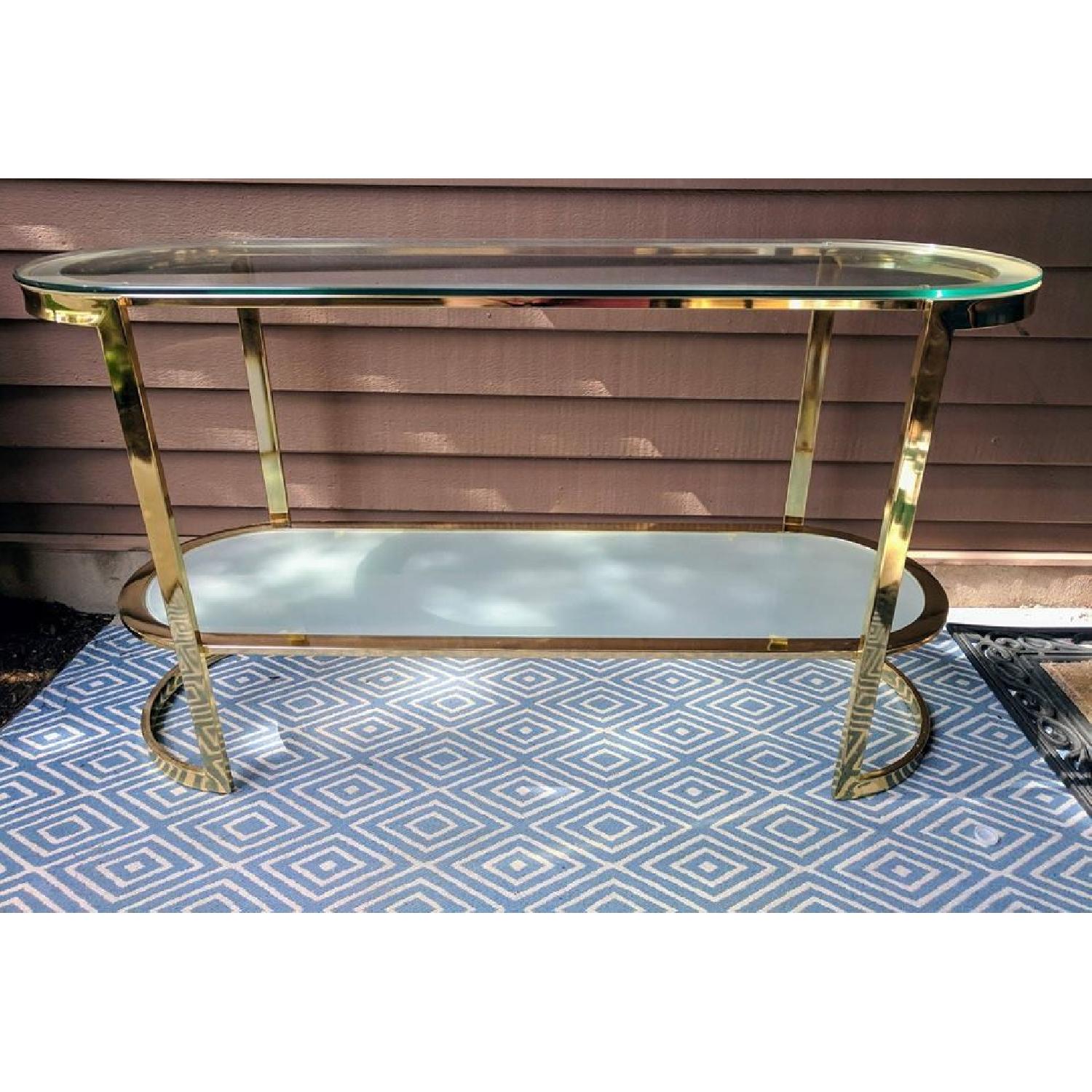 Vintage Mid Century 2 Tier Brass & Glass Oval Console Table - image-1
