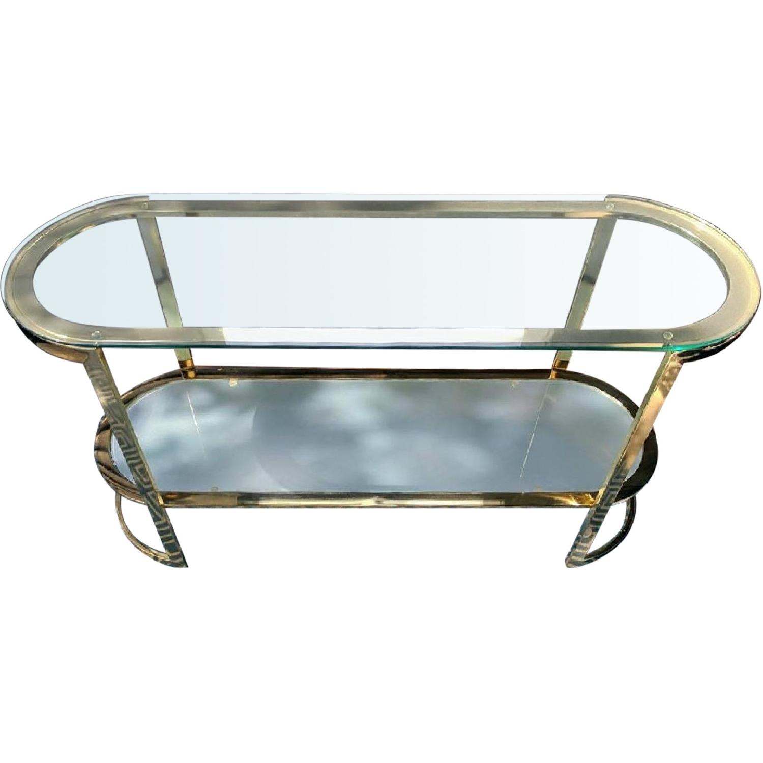 Vintage Mid Century 2 Tier Brass & Glass Oval Console Table - image-0