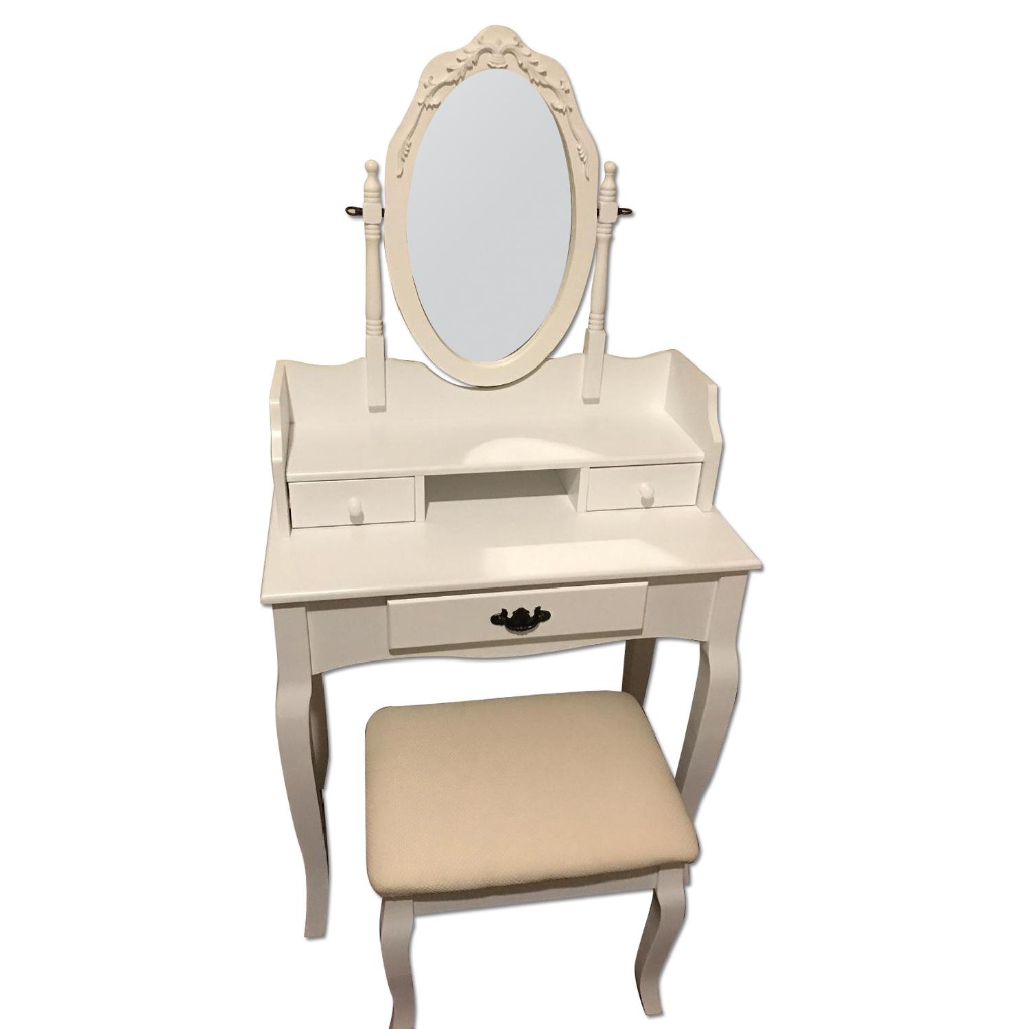 Roundhill Furniture Ribbon Wood Make-Up Vanity Table w/ Stool in White - image-10