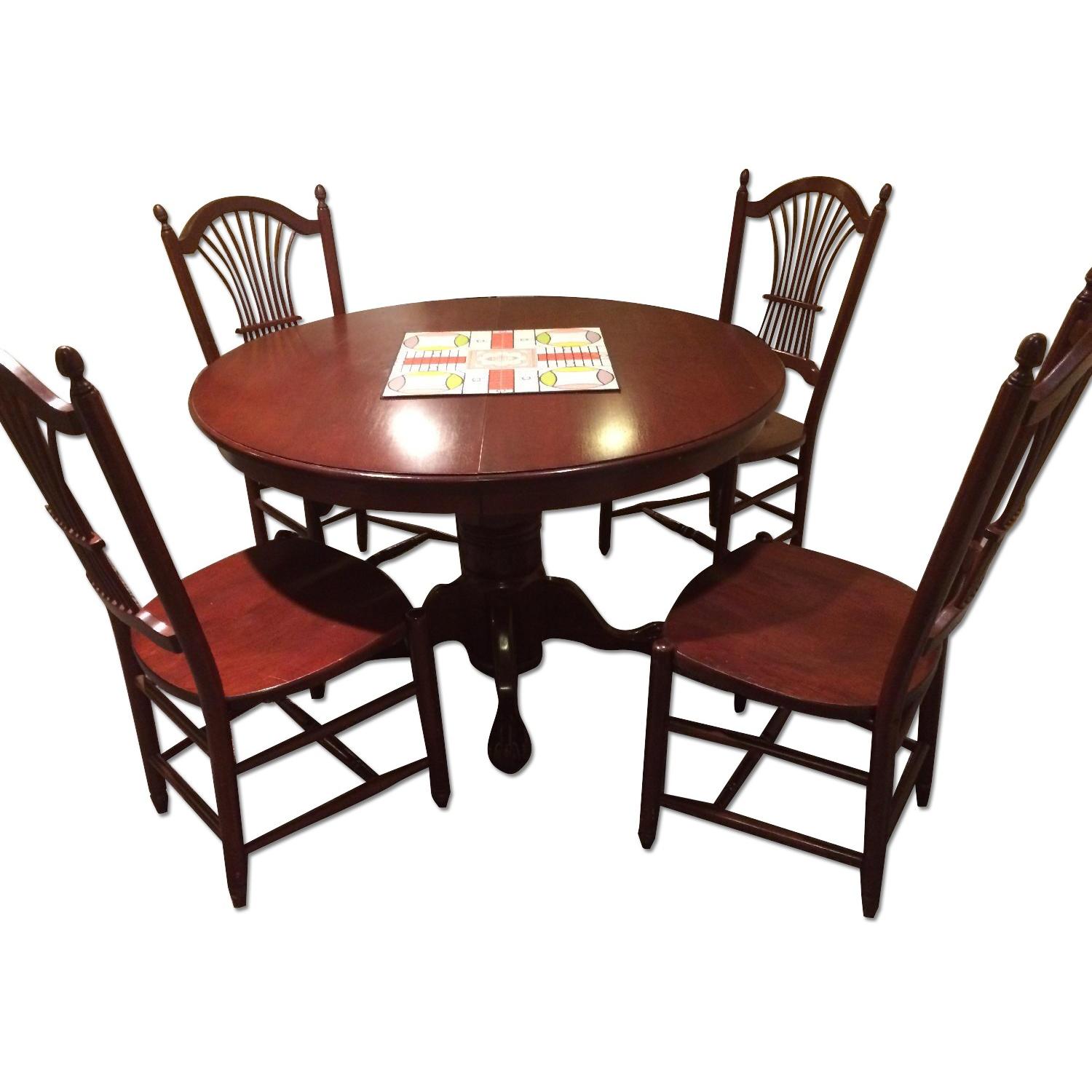 Amish Cherry Wood Round To Oval Pedestal Table w/ 6 Sheaf Back Chairs