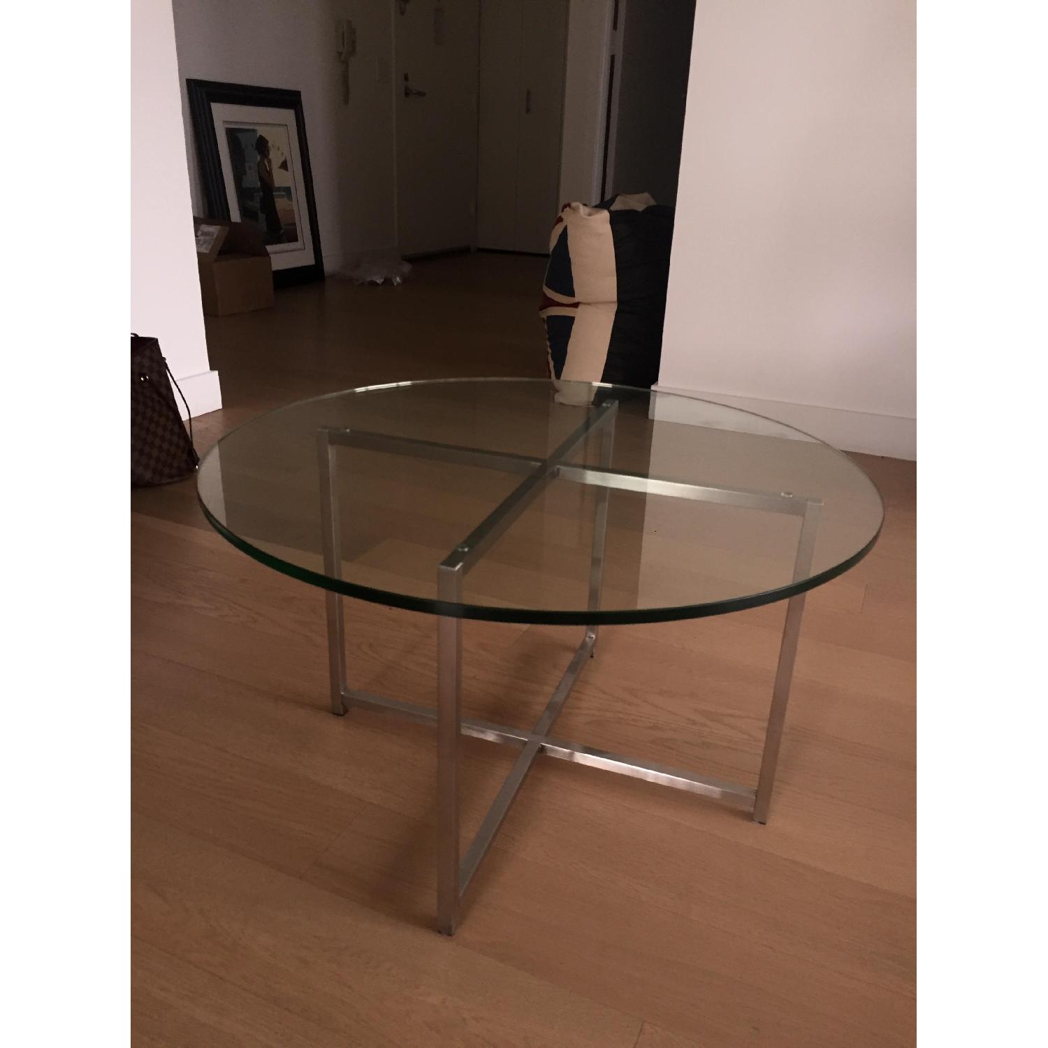 Room & Board Round Glass Cocktail Table w/ Stainless Steel Legs - image-2