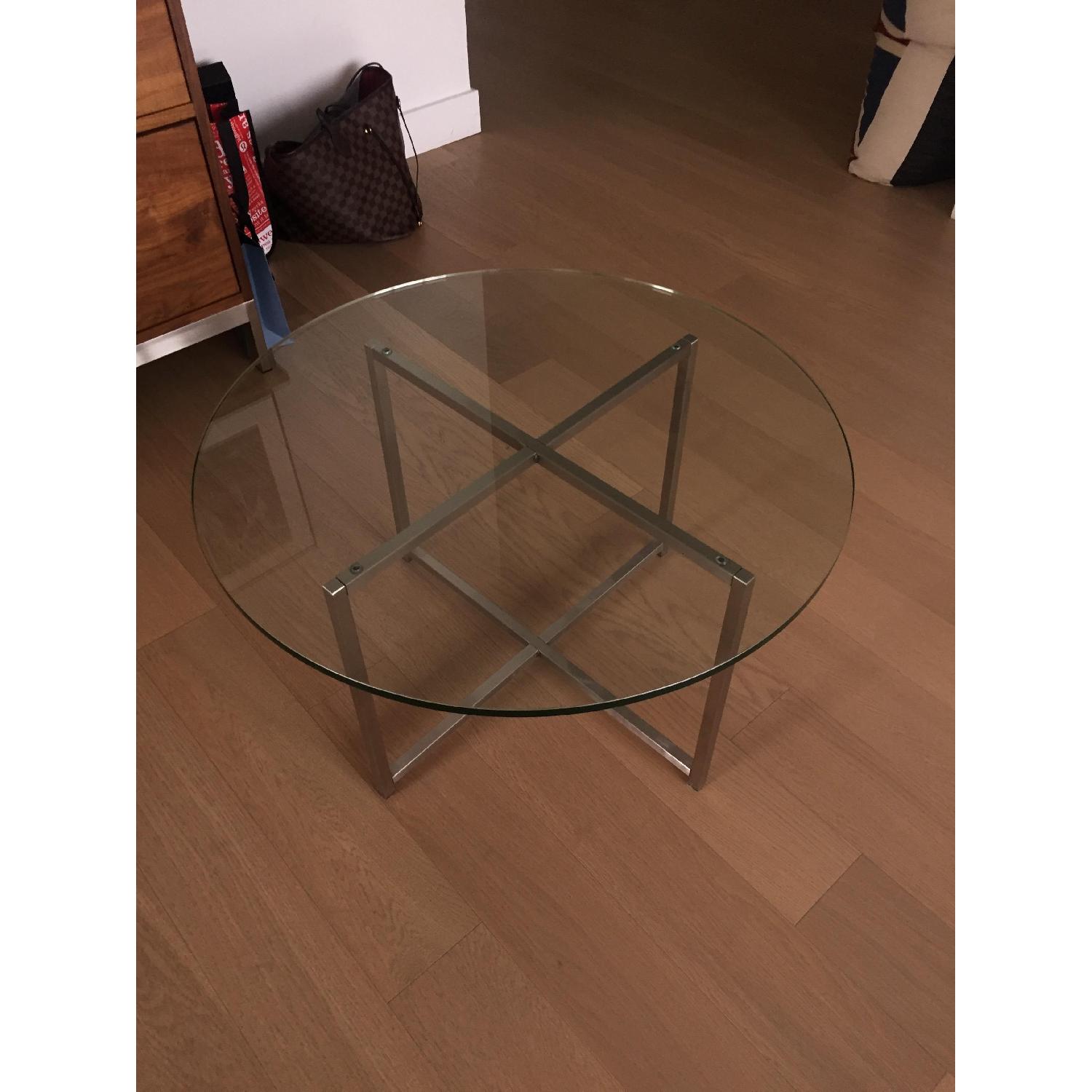 Room & Board Round Glass Cocktail Table w/ Stainless Steel Legs - image-3