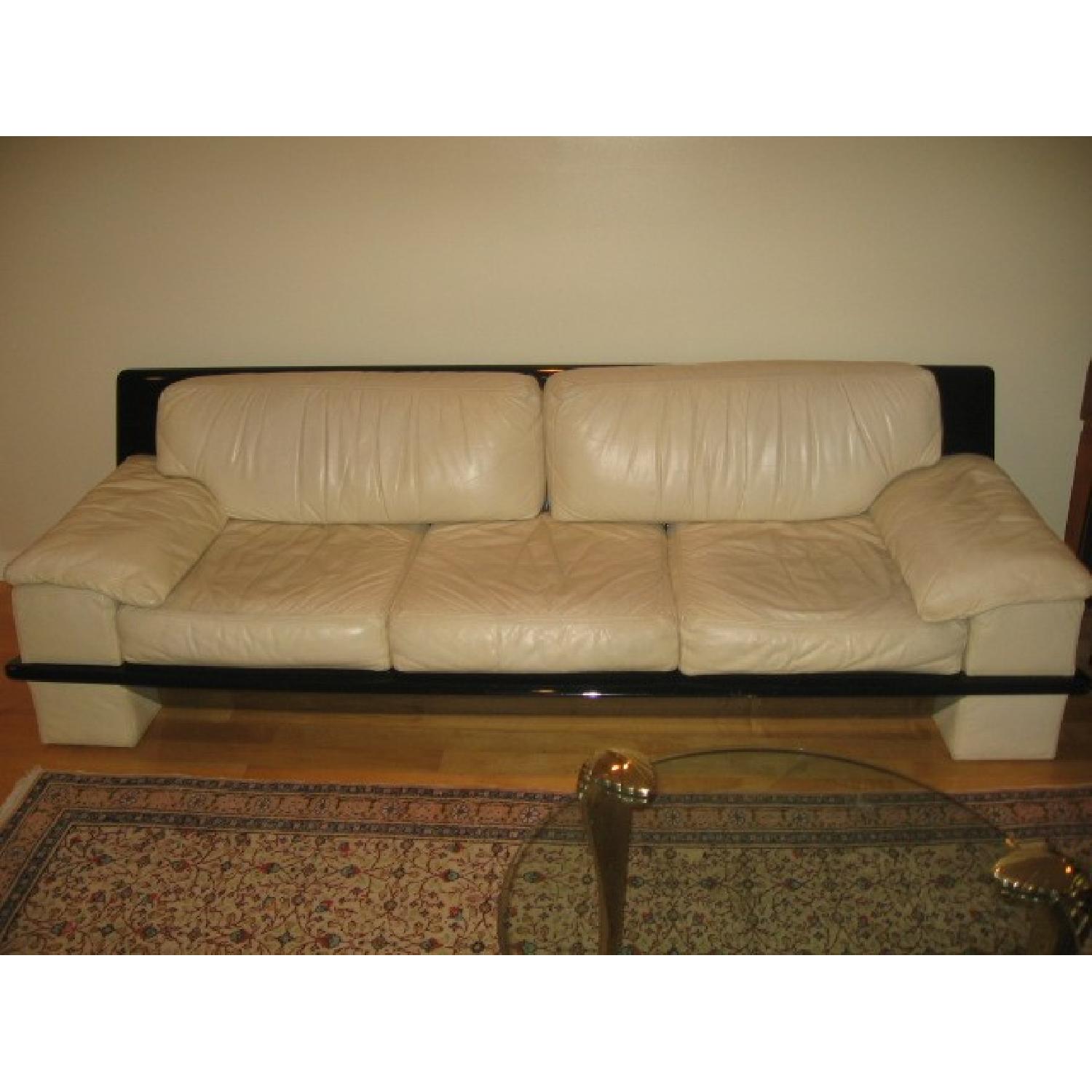 Ivory White Leather w/ bBack Lacker Solid Wood Trim Sofa + L - image-2