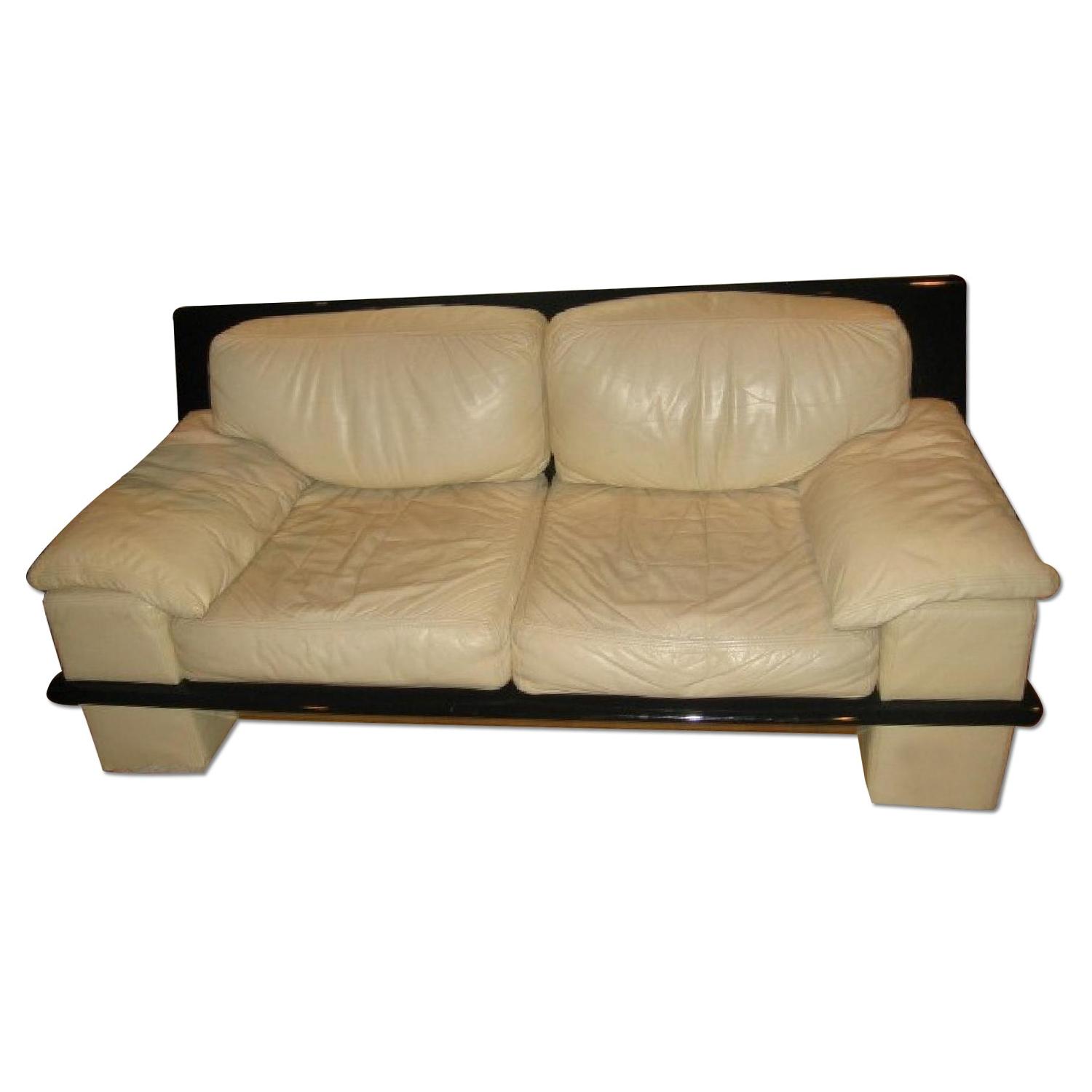 Ivory White Leather w/ bBack Lacker Solid Wood Trim Sofa + L - image-5