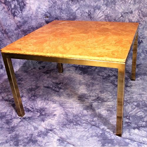 Milo Baughman Burled Wood & Brass Square Dining Table