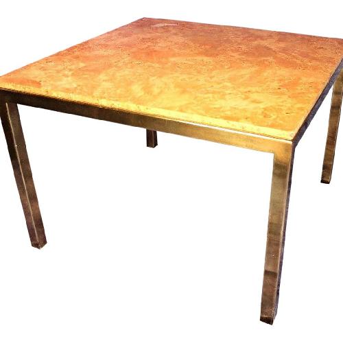 Milo Baughman Burled Wood & Brass Square Dining Table