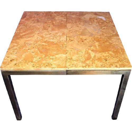 Milo Baughman Burled Wood & Brass Square Dining Table