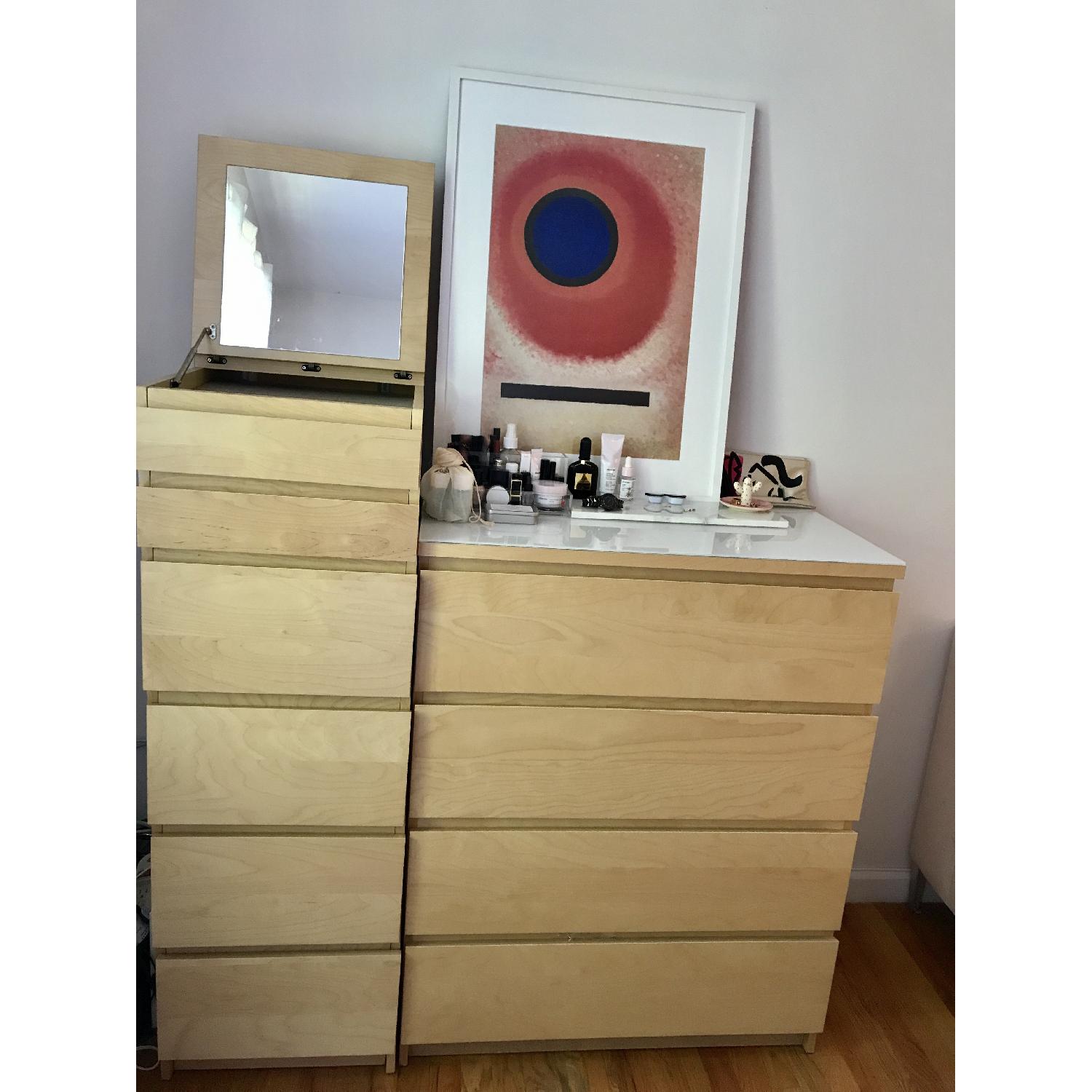Ikea Malm 6 Drawer w/ Mirror + Malm 4 Drawer Dresser w/ White Glass Top - image-1