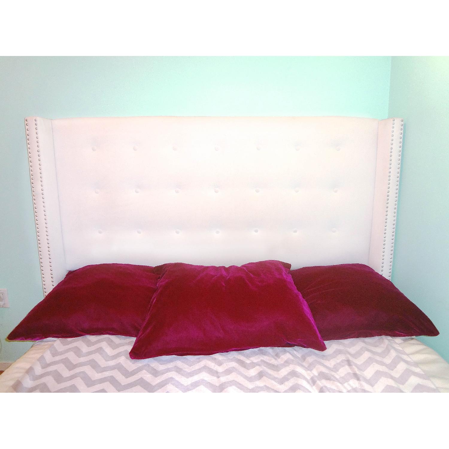 Skyline Furniture Velvet Plush White Tufted Nail Button Wingback Queen Headboard - image-2