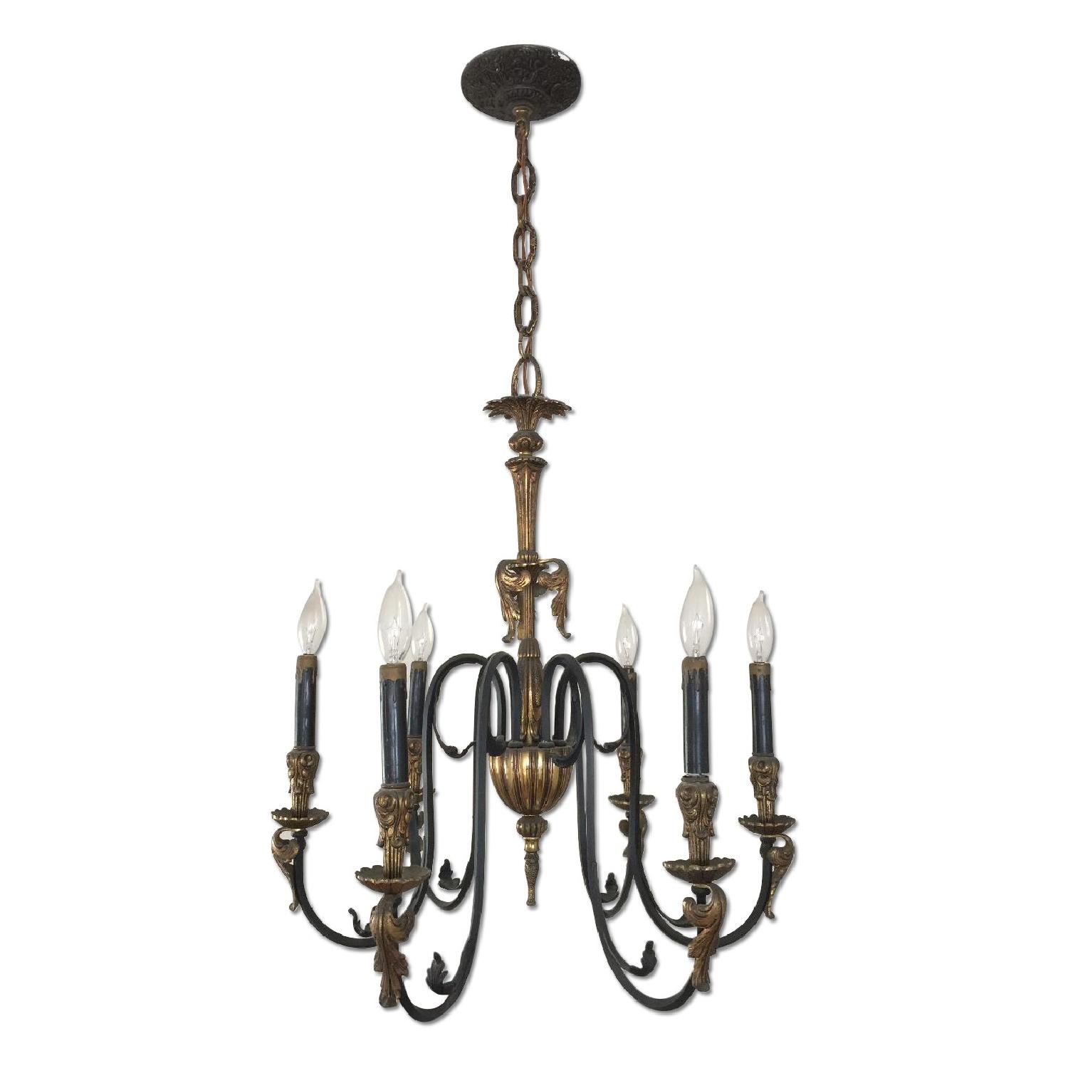 Vintage Brass w/ Black Wrought Iron Style Metal Chandelier AptDeco