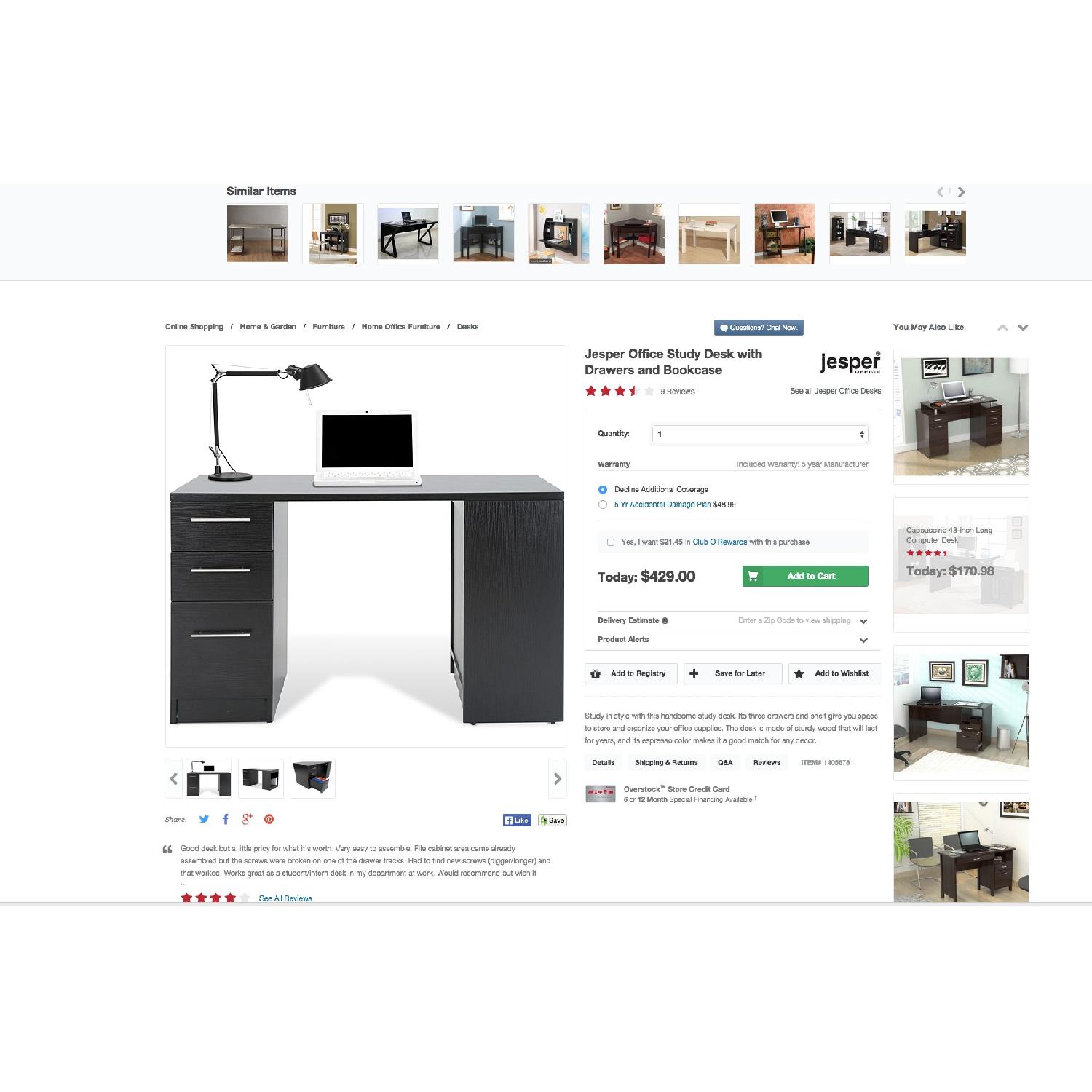 Jesper Expresso 3-Drawer Office/Study Desk w/ Chair & Built-in Bookcase - image-4