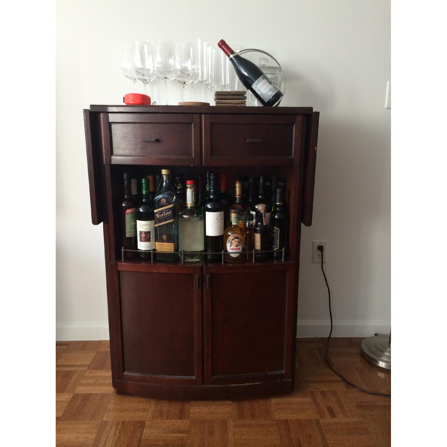 Old School Cherry Brown Fold Out Wooden Bar Cabinet - image-1
