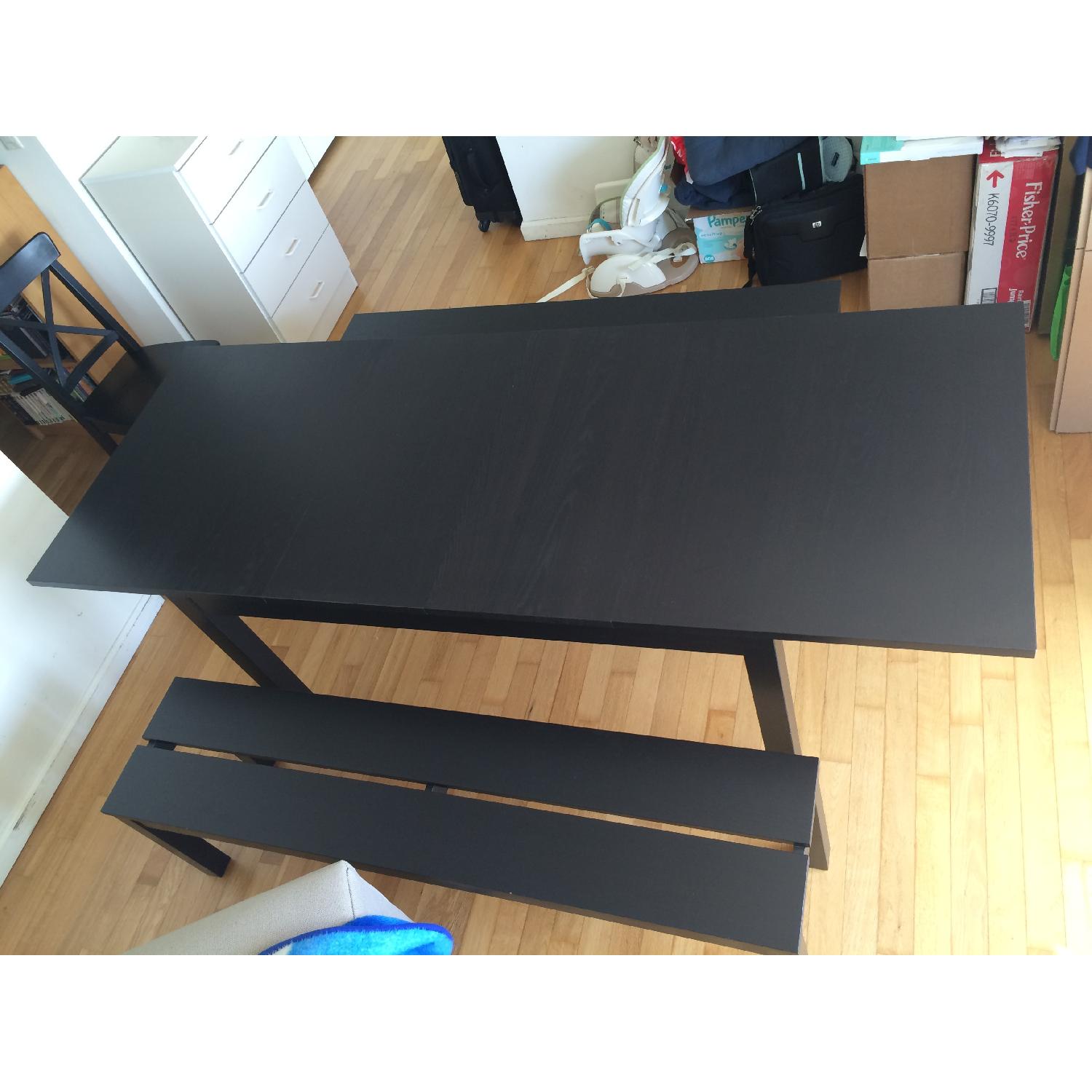 Ikea Black Extendable Dining Room Table w/ 2 Chairs + 2 Benches - image-3