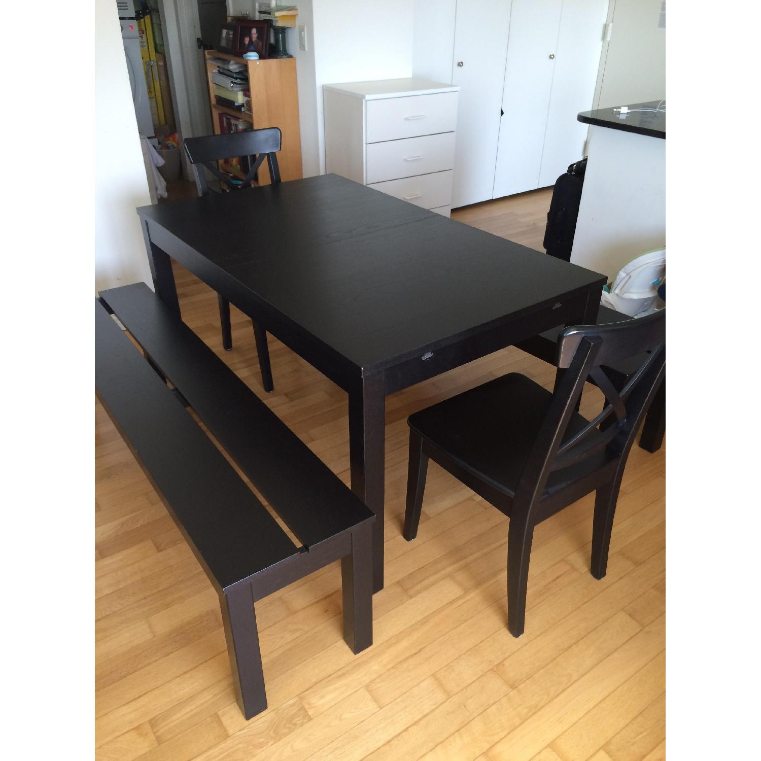 Ikea Black Extendable Dining Room Table w/ 2 Chairs + 2 Benches - image-4