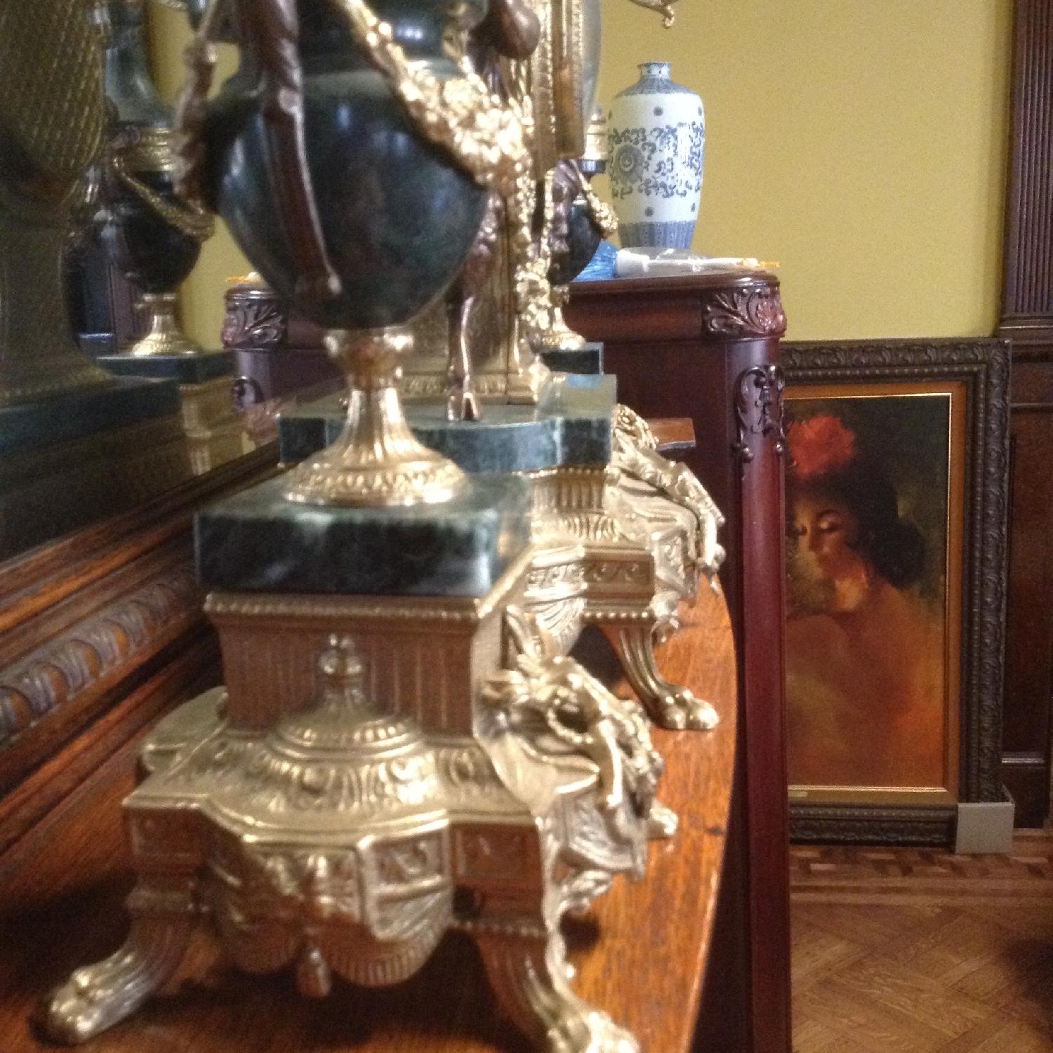 Italian Brevettato Marble Brass Candelabras and Imperial Clock Set - image-2